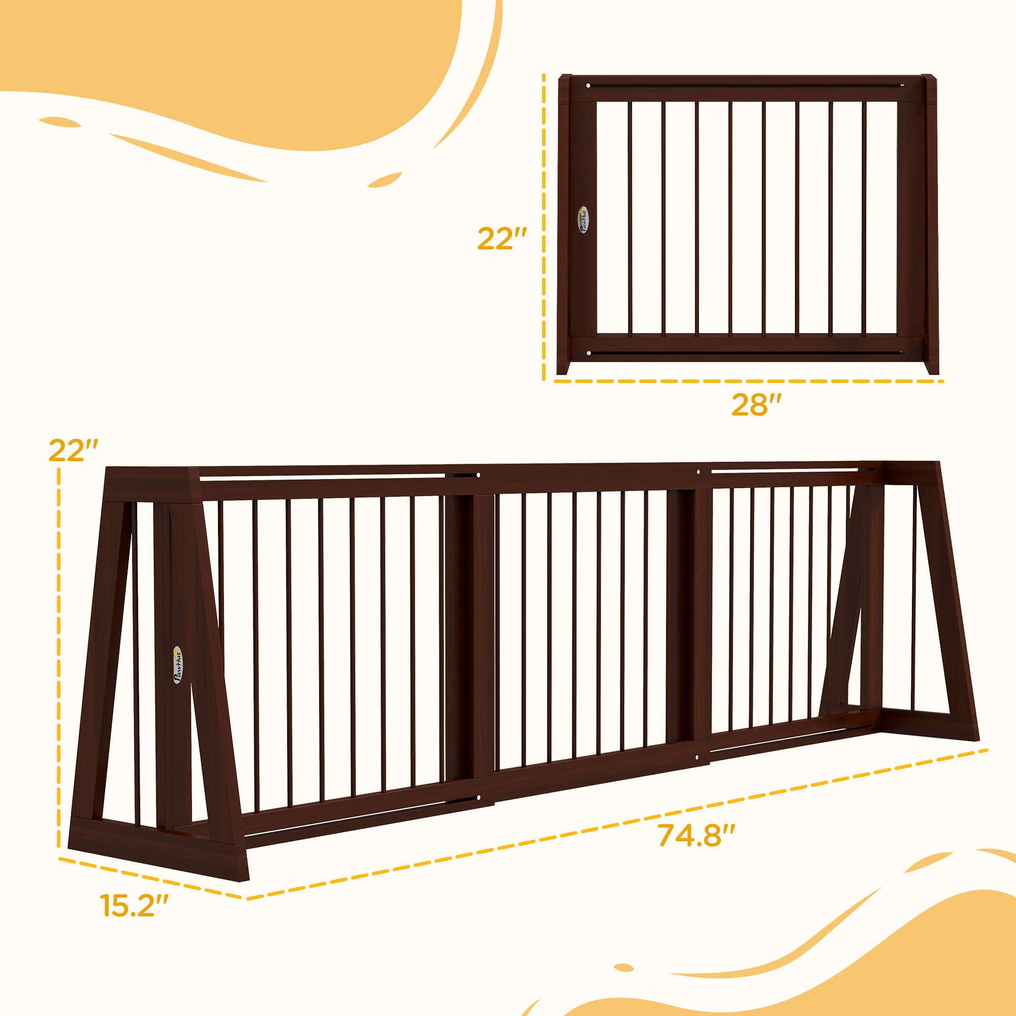28"-75" Freestanding Wooden Pet Gate with Support Feet & Non-Slip Mats for Indoor, Stairway, Doorway, Brown — image 6