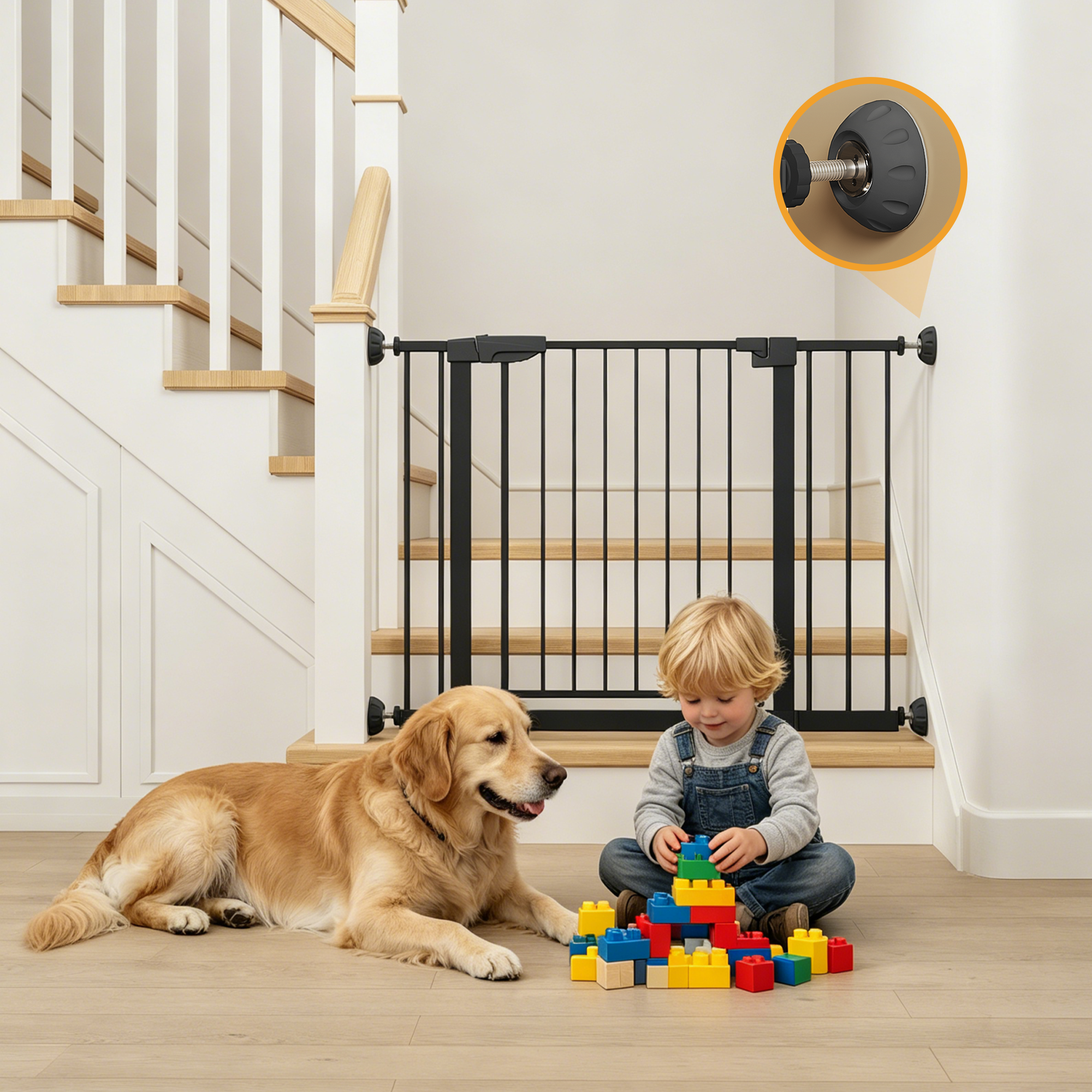 Reja para Bebés Ancha de 29.5-45.3" con Protector de Pared para Escaleras, Reja para Perros de Interior para Puertas, Sin Taladrar, Montaje a Presión, Rejas para Mascotas para Niños, Reja de Seguridad Fácil de Cruzar, Negra — imagen 1