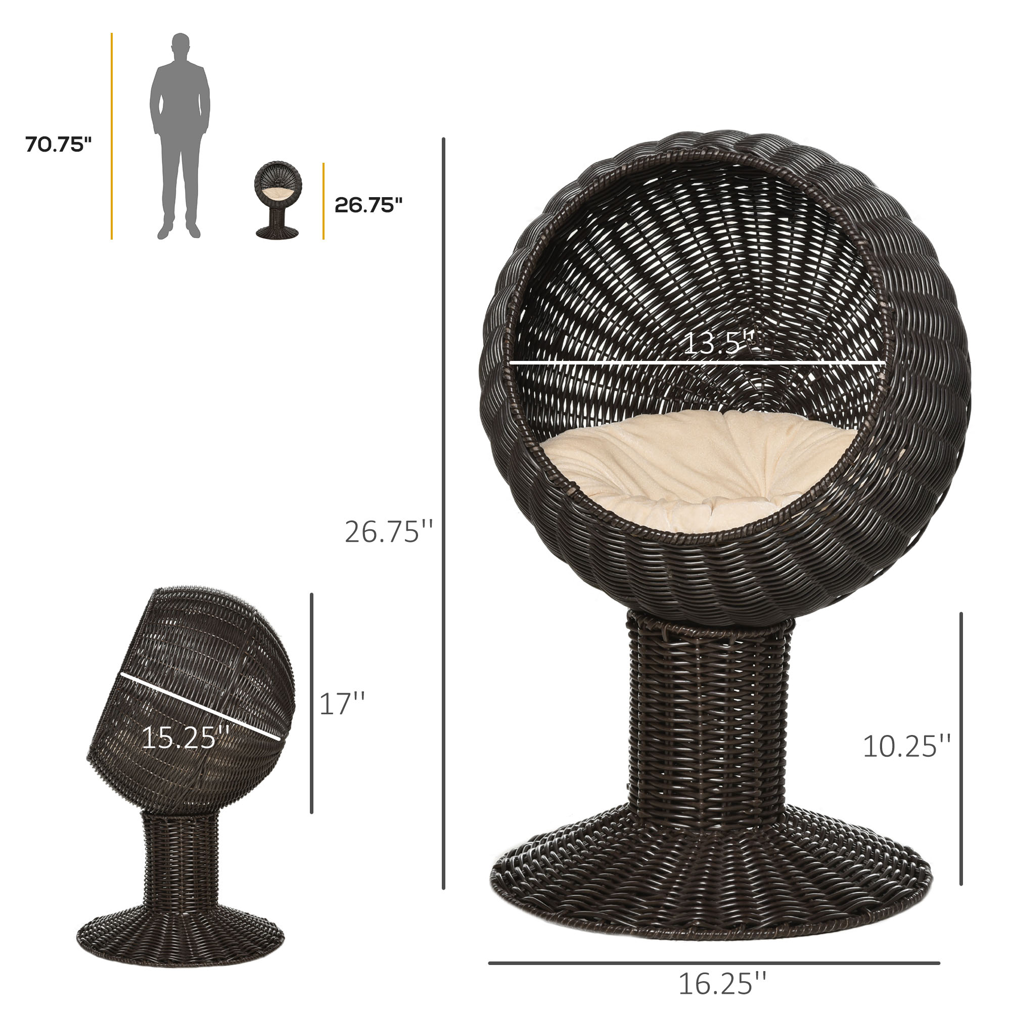 Cama Elevada para Gatos de 27", Silla Huevo Giratoria, Cojín Grueso, Estera Natural Tejida, Color Café — imagen 8