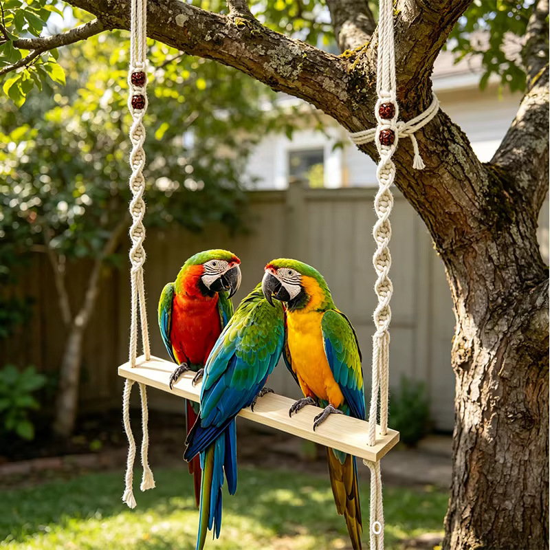 Suelo de Cauce Artesanal para Pájaros - Percha de Madera y Hamaca de Tela Macramé, Decoración Bohemia para Loros y Pinzones — imagen 1