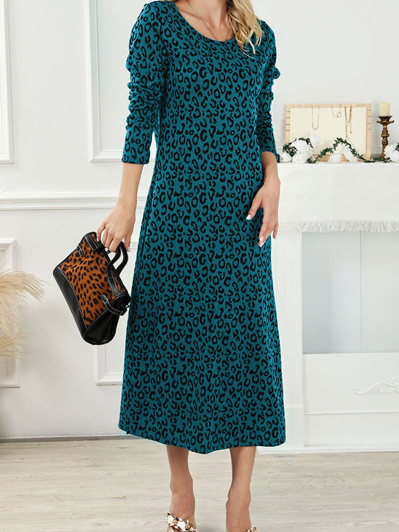 Vestido de Mujer Vintage con Estampado de Leopardo en Cuello Redondo y Manga Larga — imagen 10