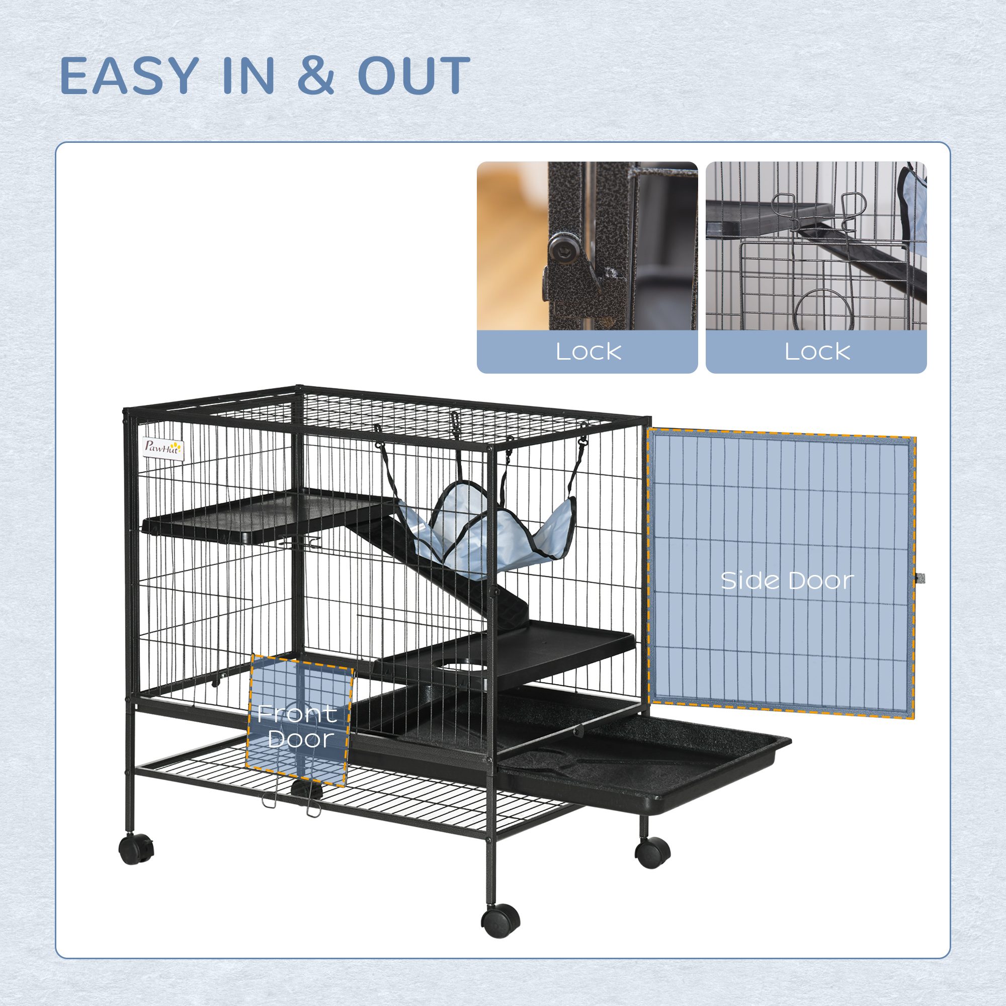 Caja para Pequeños Animales con Ruedas, Jaula Portátil para Ratones, Hámsters Sírianos, Gatos Cachorros, Furetes, Chinches con Plataforma de Almacenamiento en el Fondos, bandeja Removible, Rampita, 81 cm x 52 cm x 84 cm — imagen 8