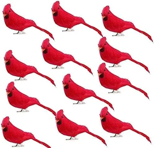 12 Pzas Pájaros Cardenales Rojos con Clip, Decoración para Árbol de Navidad, Pájaros Rojos Artificiales con Plumas para Coronas y Adornos — imagen 1