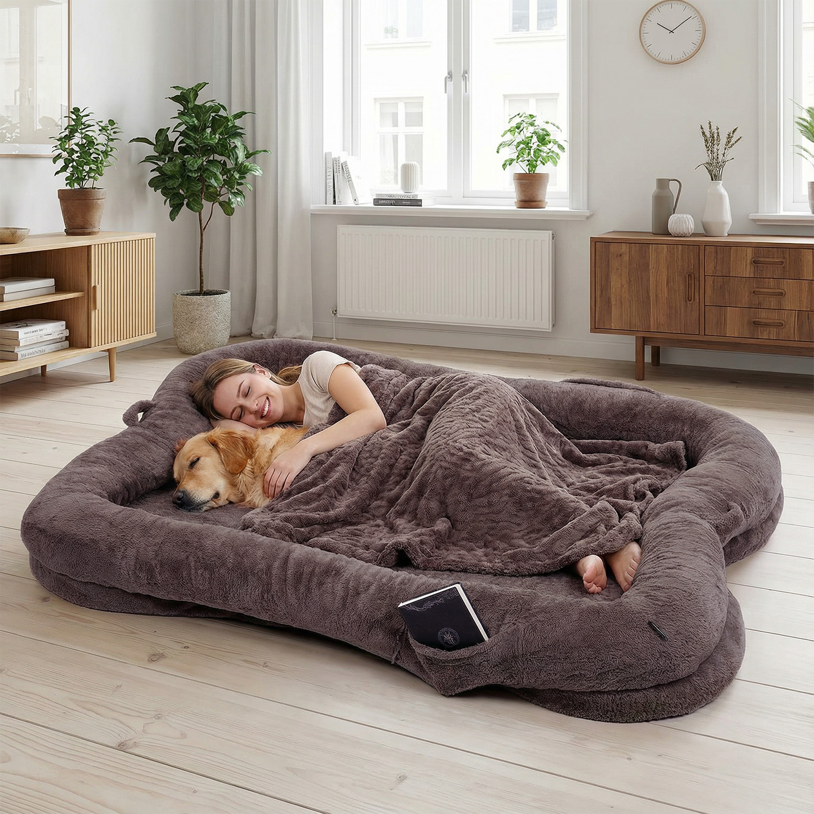 Human Dog Bed Washable Large Size Non Slip Bottom Comfortable Plush Giant Size Dog Bed With Blanket And Pocket For Home — image 3