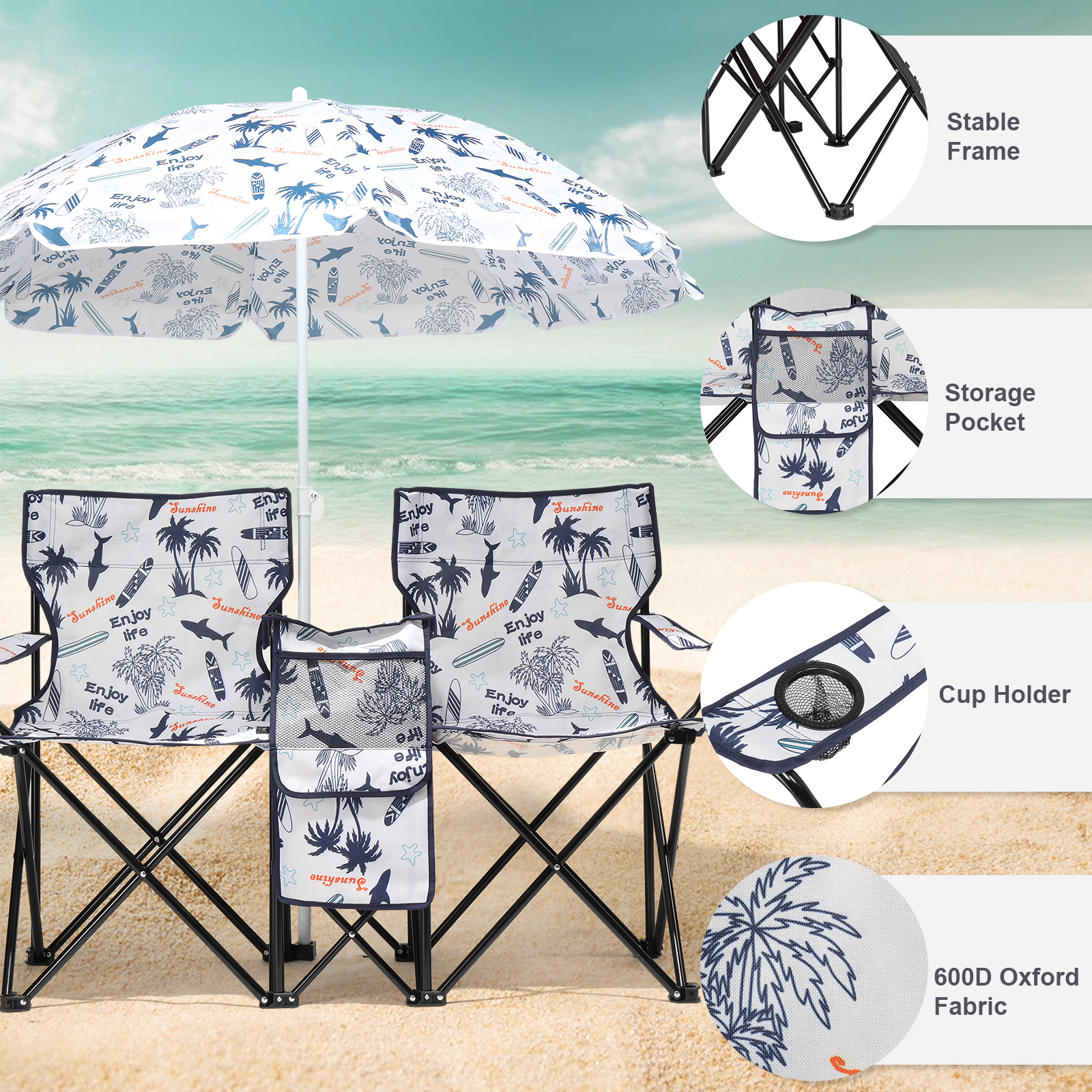 Silla de Pesca con Patrón de Palmera de Coco, con Sombrilla, Sillas de Camping — imagen 1