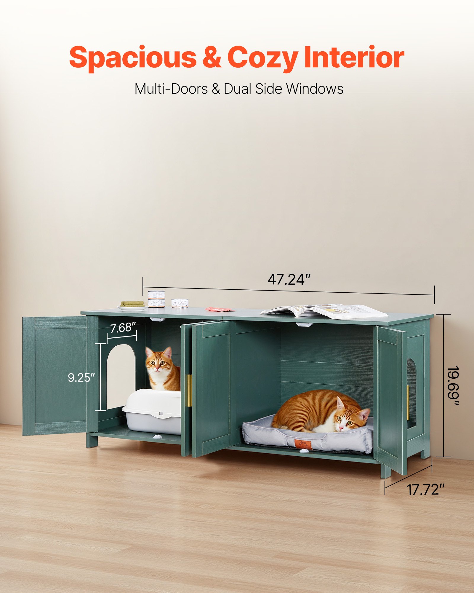 Cat Litter Box Enclosure For Multi Cats, 47.2 In Hidden Litter Box Cabinet With 4 Doors & 2 Entries, Indoor Cat Washroom, Wooden Kitty House Furniture Side Table, Fit Most Litterboxes, Green — image 4