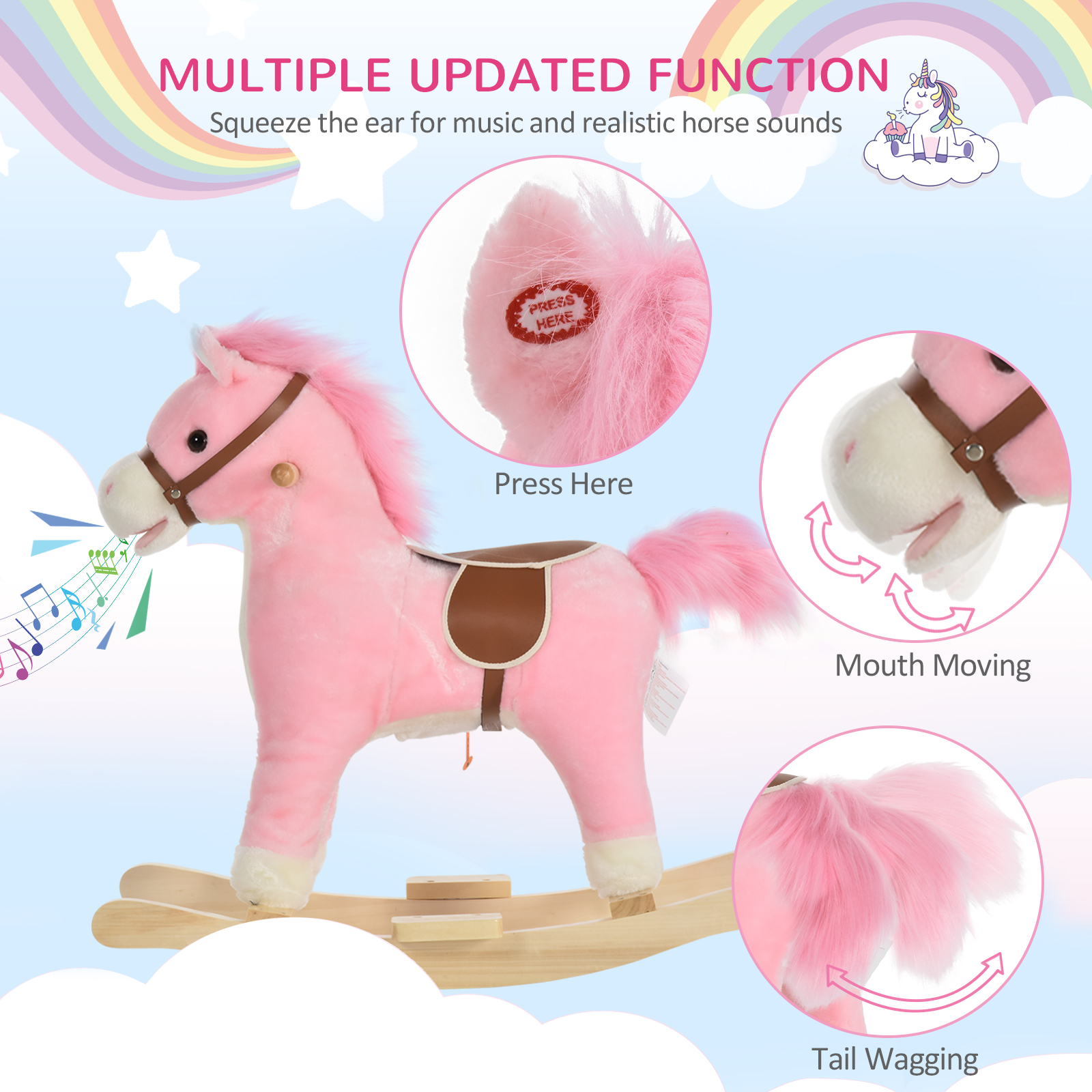 Rocking Horse Plush Animal on Wooden Rockers, Baby Rocking Chair with Sounds, Moving Mouth, Wagging Tail, Pink — image 8