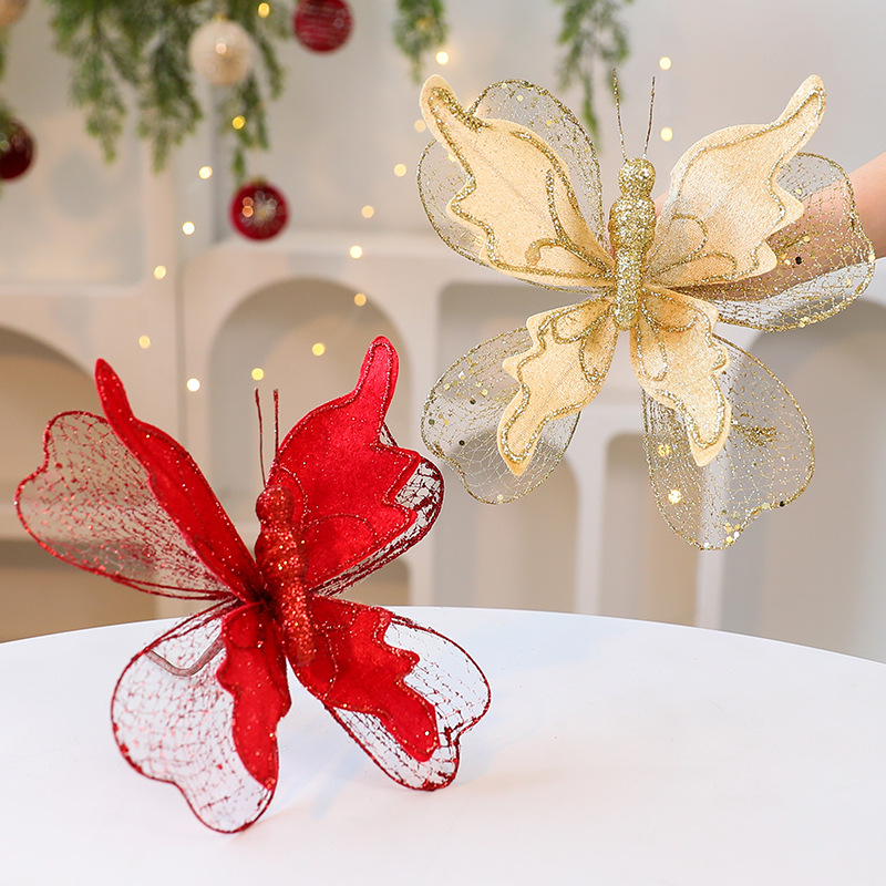Saintyuan High-Quality Fabric Sequin Gold Powder Artificial Butterfly Ornament Christmas Tree Decoration — image 1