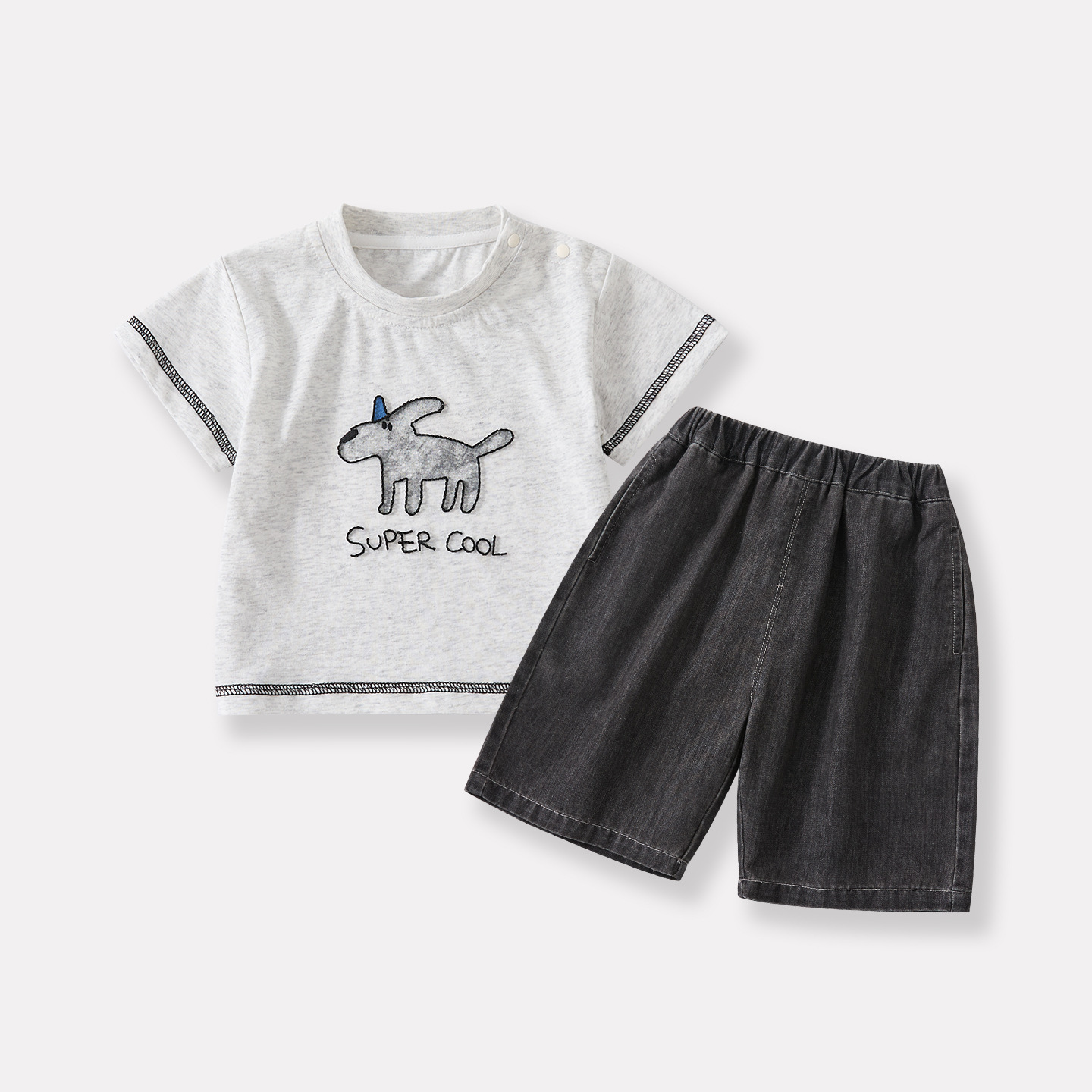 Cartoon Dog Embroidered Short Sleeve Top and Casual Breathable Denim Pants Two-Piece Set for Baby Boys — image 4