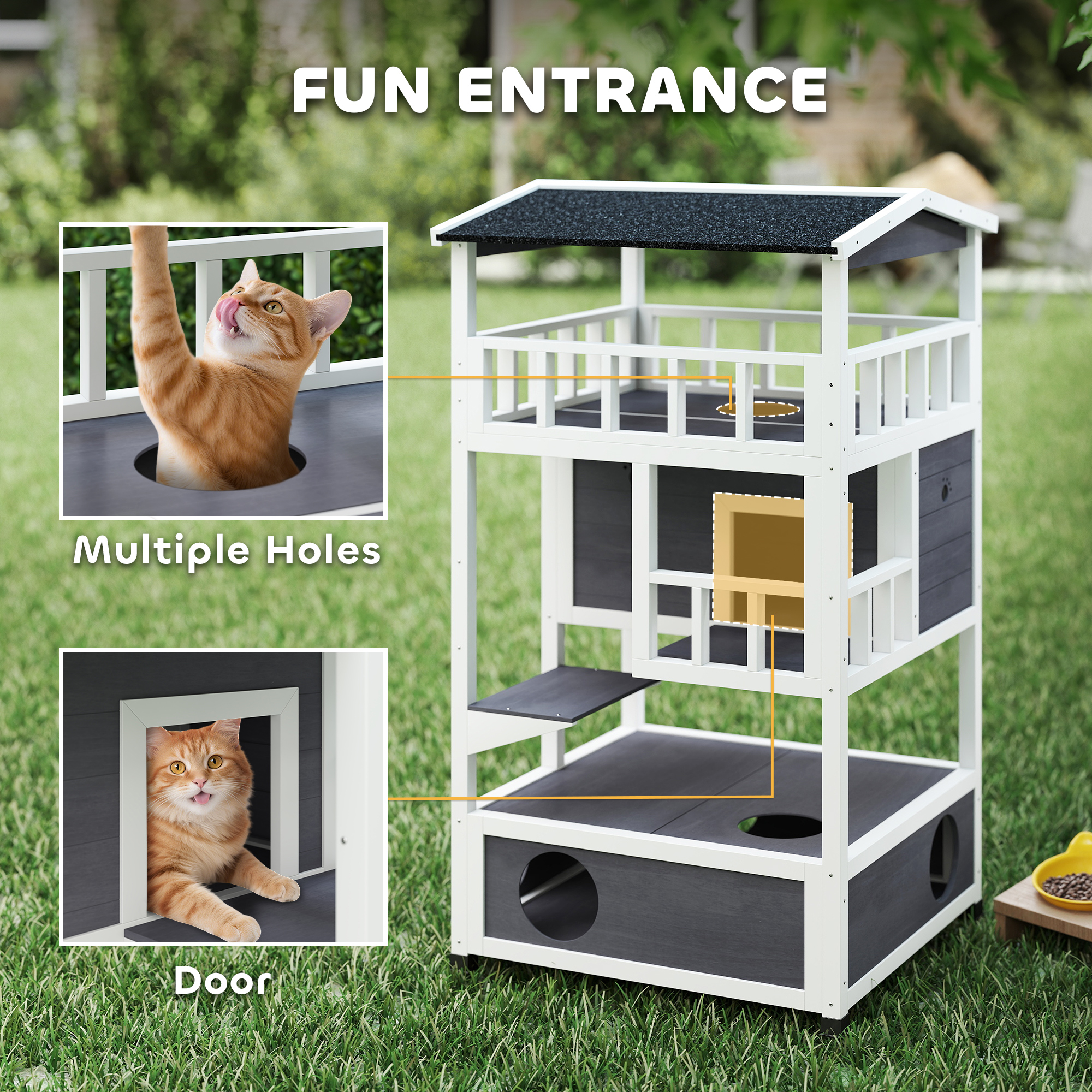 Wooden Outdoor Cat House, Feral Cat Shelter Kitten Condo with Asphalt Roof, Escape Doors, Condo, Jumping Platform, Gray — imagen 3