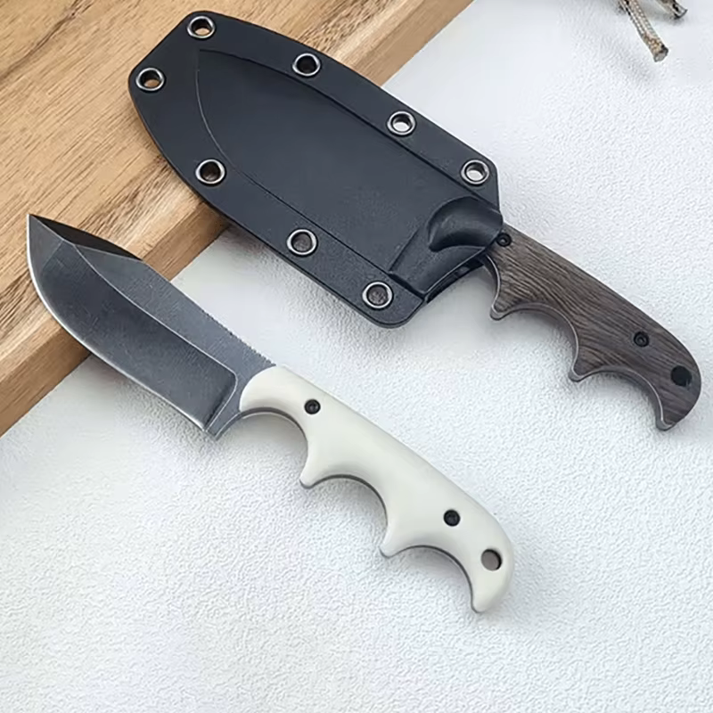 New outdoor small straight knife, stone washed blade camping edc survival knife, white/wood grain handle + k sheath tool — image 3