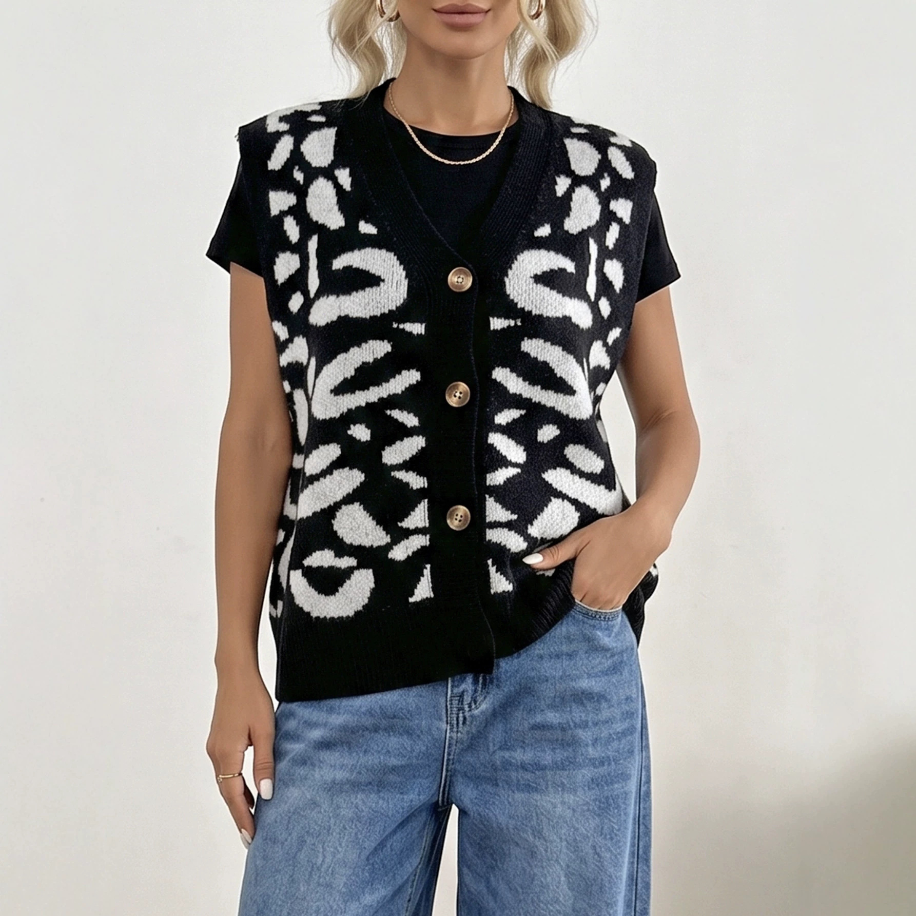 Leopard Print V-Neck Knit Cardigan Sweater Coat for Women — image 5