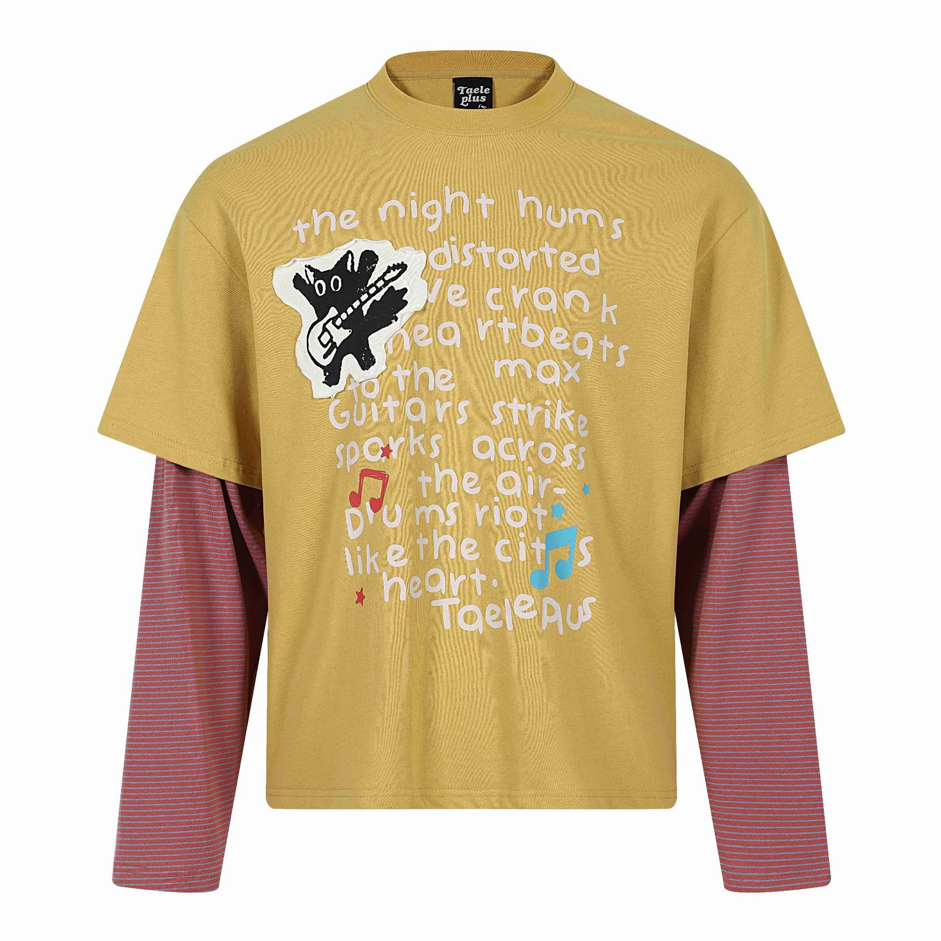 Cat Letter Print Long Sleeve Round Neck Faux Two-Piece T-Shirt — image 4
