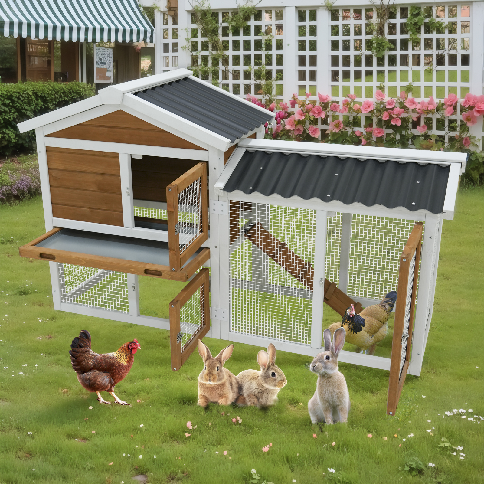 58 Wooden Outdoor Indoor Roof Waterproof Bunny Hutch Rabbit Cage Guinea Pig Coop PET House For Small To Medium Animals With Stairs And Cleaning Tray — image 3
