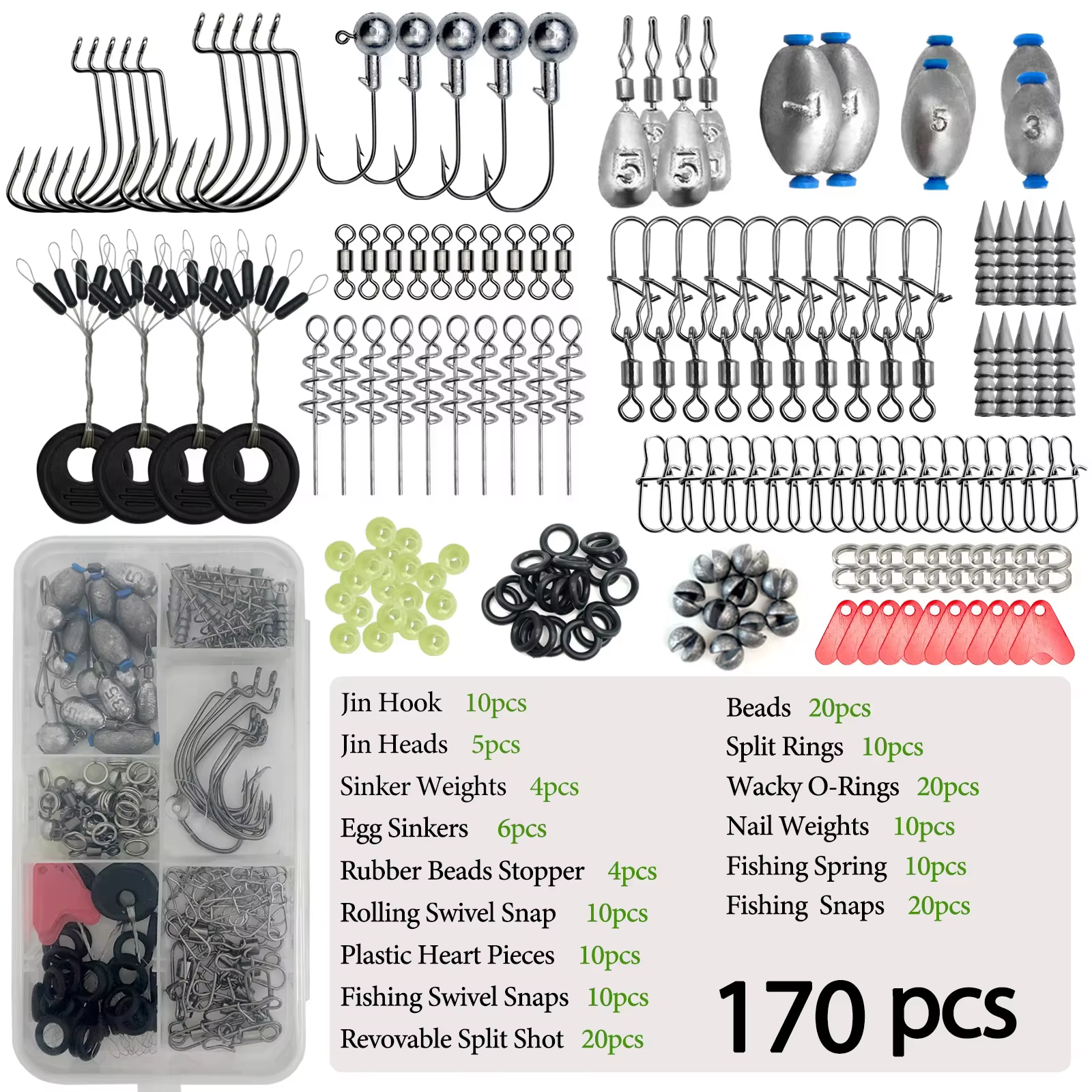 170-410pcs Professional Fishing Kit with Tackle Box, Hooks Sinkers Swivels for Bass Trout Saltwater Fishing Complete Lure Set — image 6