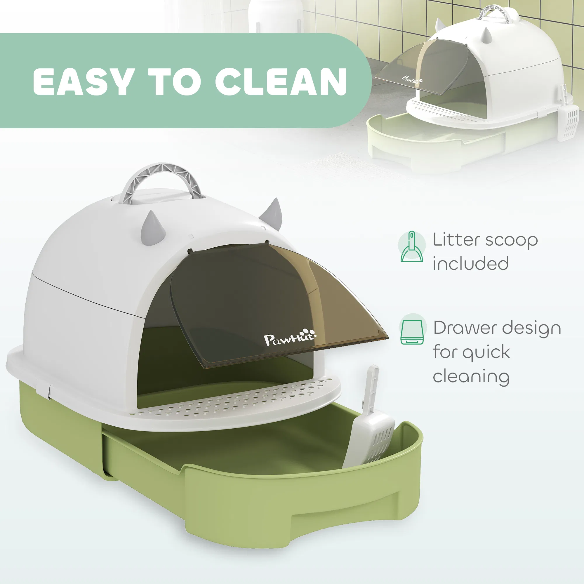 Cat Litter Box with Lid, Front Door Flap, Scoop, Handle, Easy Clean, for Small and Medium Cats, Green — image 3