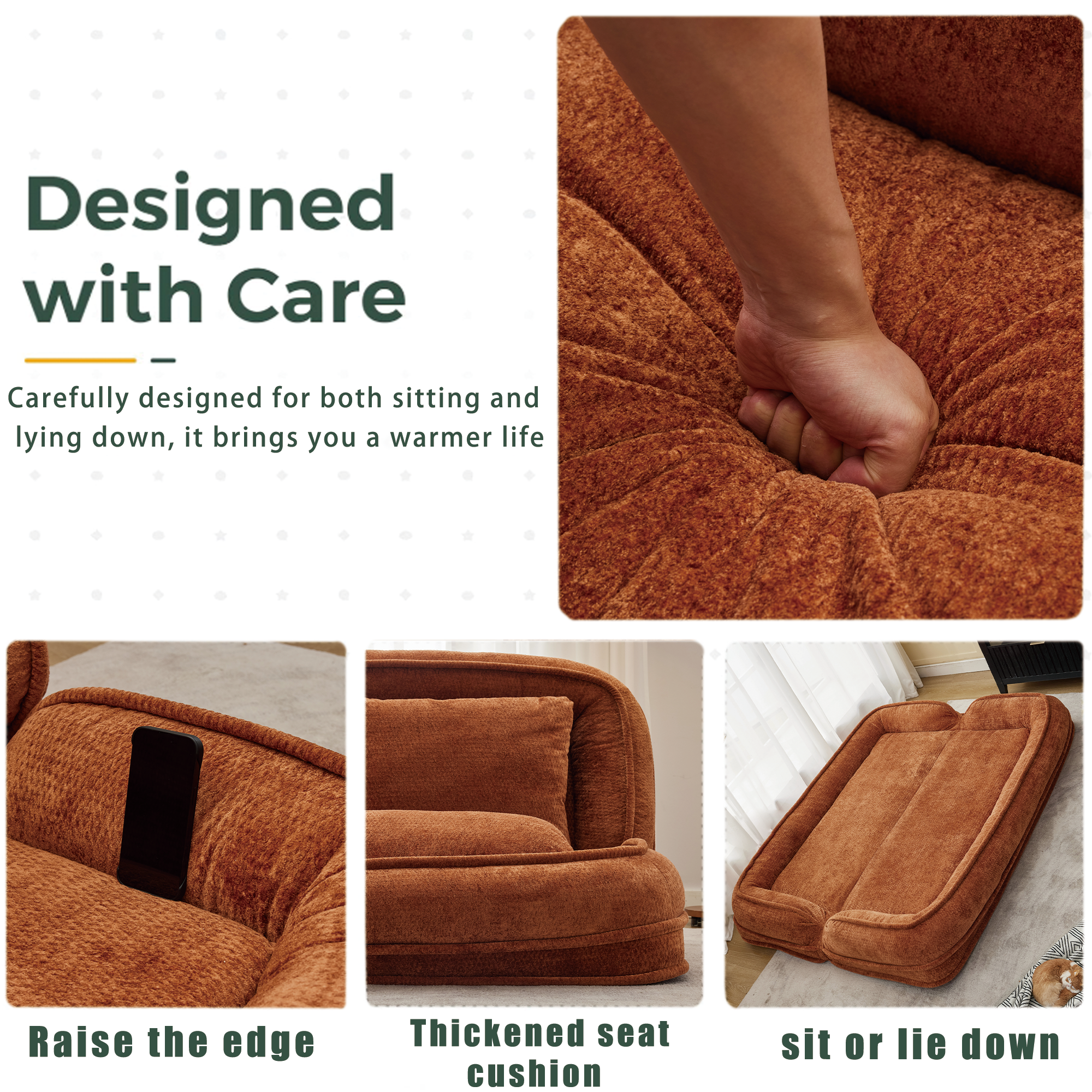 Silla de descanso doble para perros, Sofá relajante, Silla de amor, Adecuada para ti y tus mascotas, Couch de piso extra grande, Puedes sentarte o acostarte, 2 en 1, 5 posiciones ajustables, Almohada rellena, 2 asientos, Chenille naranja — imagen 22