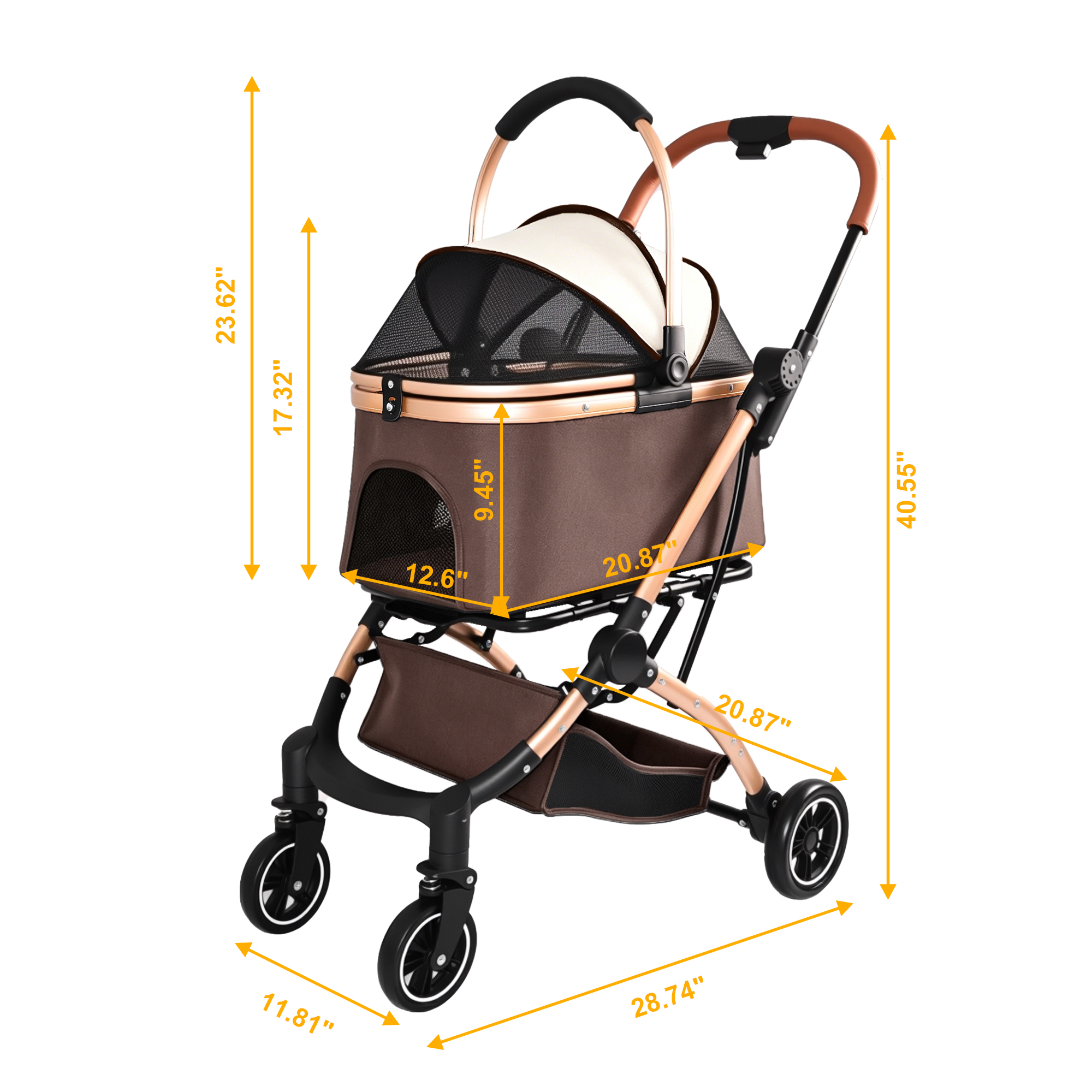 Muleta para Mascotas 2 en 1: Carruaje de 4 Ruedas Reversible con Canasta de Almacenamiento y Sombrilla Solar (Khaki + Oro) — imagen 14