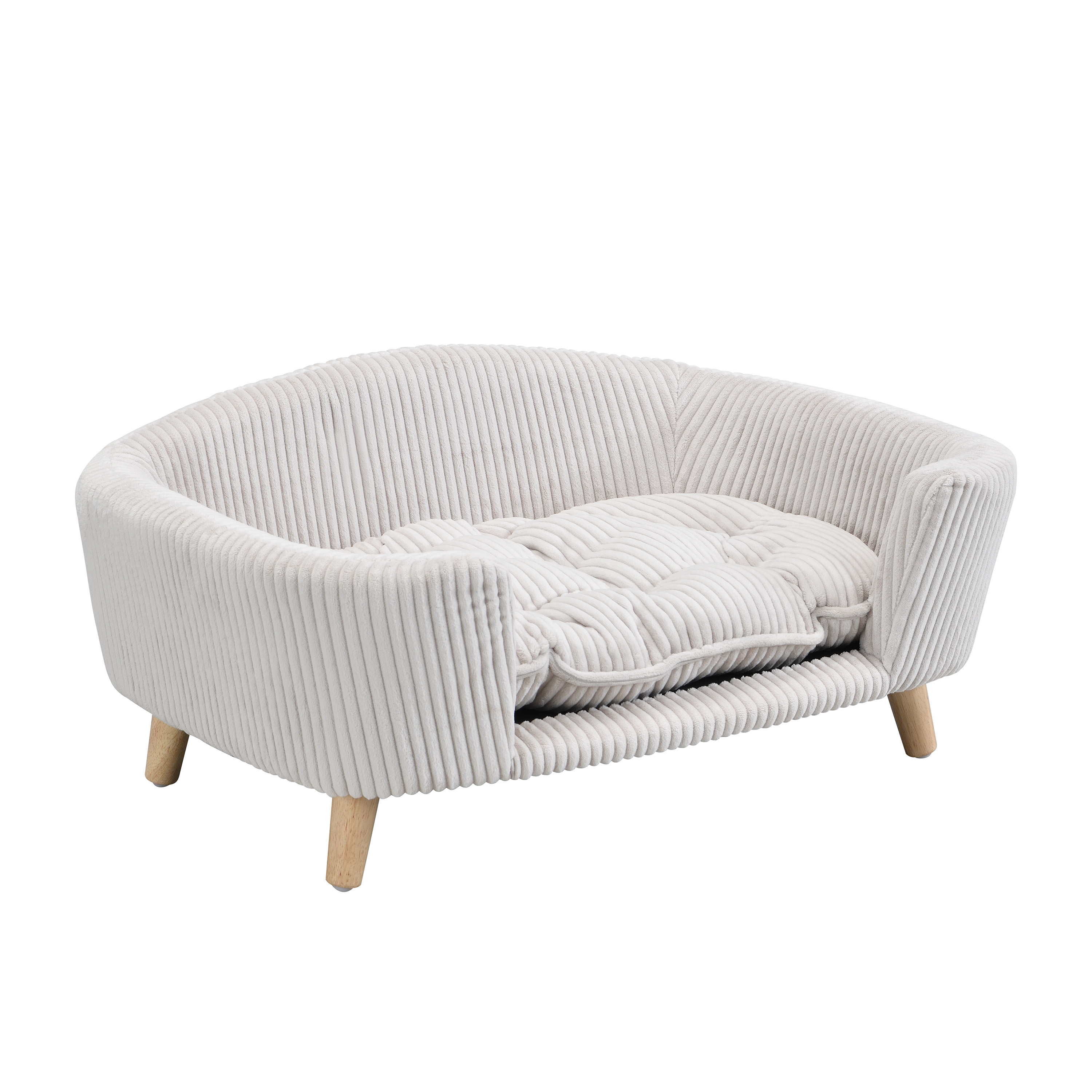 Elevated Dog Bed Frame for Small Dog, Corduroy Pet Couch Bed with Rubber Wood Legs and Supportive Foam, Beige, Easy Assembly — image 7