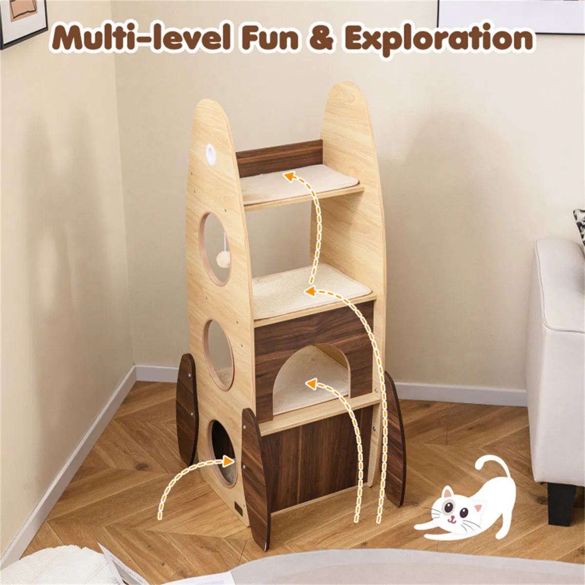 4-Tier Rocket Shape Cat Tree with 2-Tier Condo Sisal Scratch Pad Hanging Pompom Natural+White — image 3