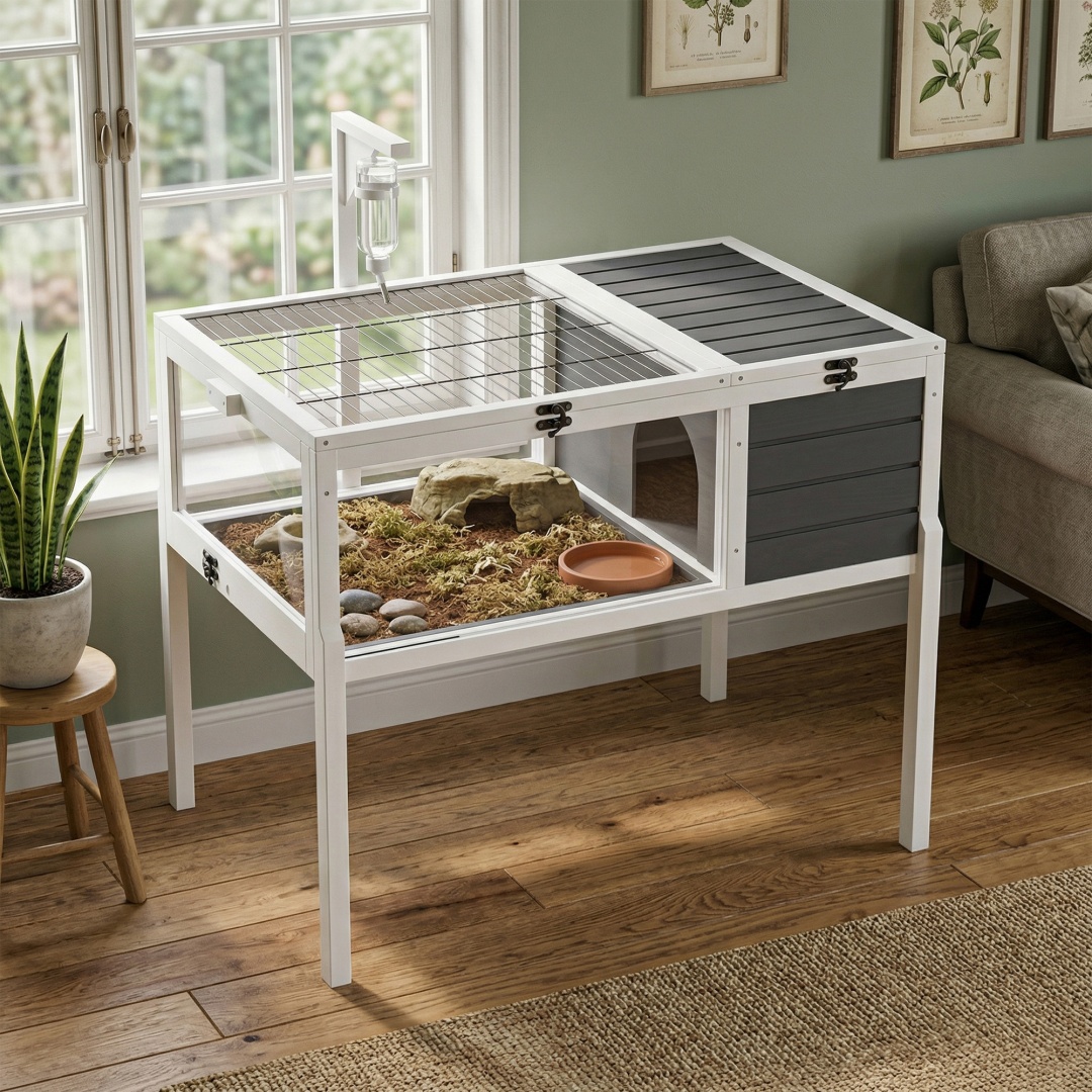 Hábitat de Reptiles Casa para Tortugas con Soporte de Lámpara, Gran Ventana de Observación, 2 Platos Impermeables, Patas Desmontables, Encierro de Madera Fácil de Limpiar para Tortugas, Lagartos, Geckos y Pequeños Animales Interior y Exterior — imagen 2