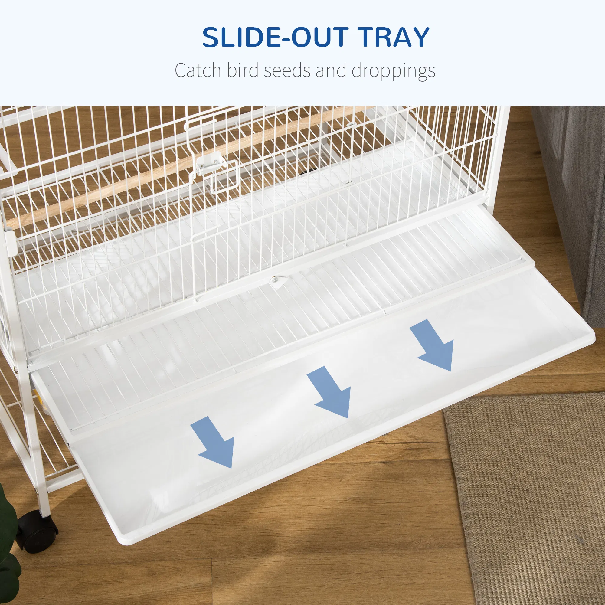 52" Large Rolling Steel Bird Cage Bird House with Rolling Stand, Storage Shelf, Wood Perch, Food Container, White — image 4