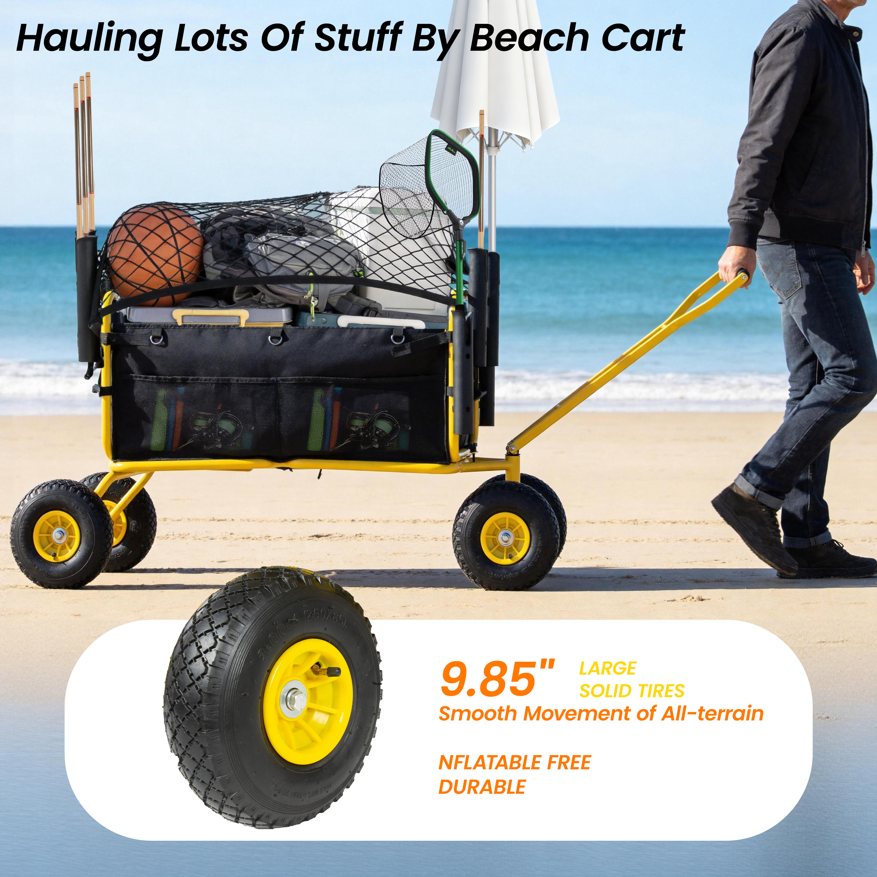 Fishing Cart Beach Cart Collapsible Wagon 9.85 All- Terrain Wheels For Sand Heavy Duty Garden Cart With Rod Holders Umbrella Holder And Storage Pockets 550lb Large Capacity Yellow Black — imagen 4