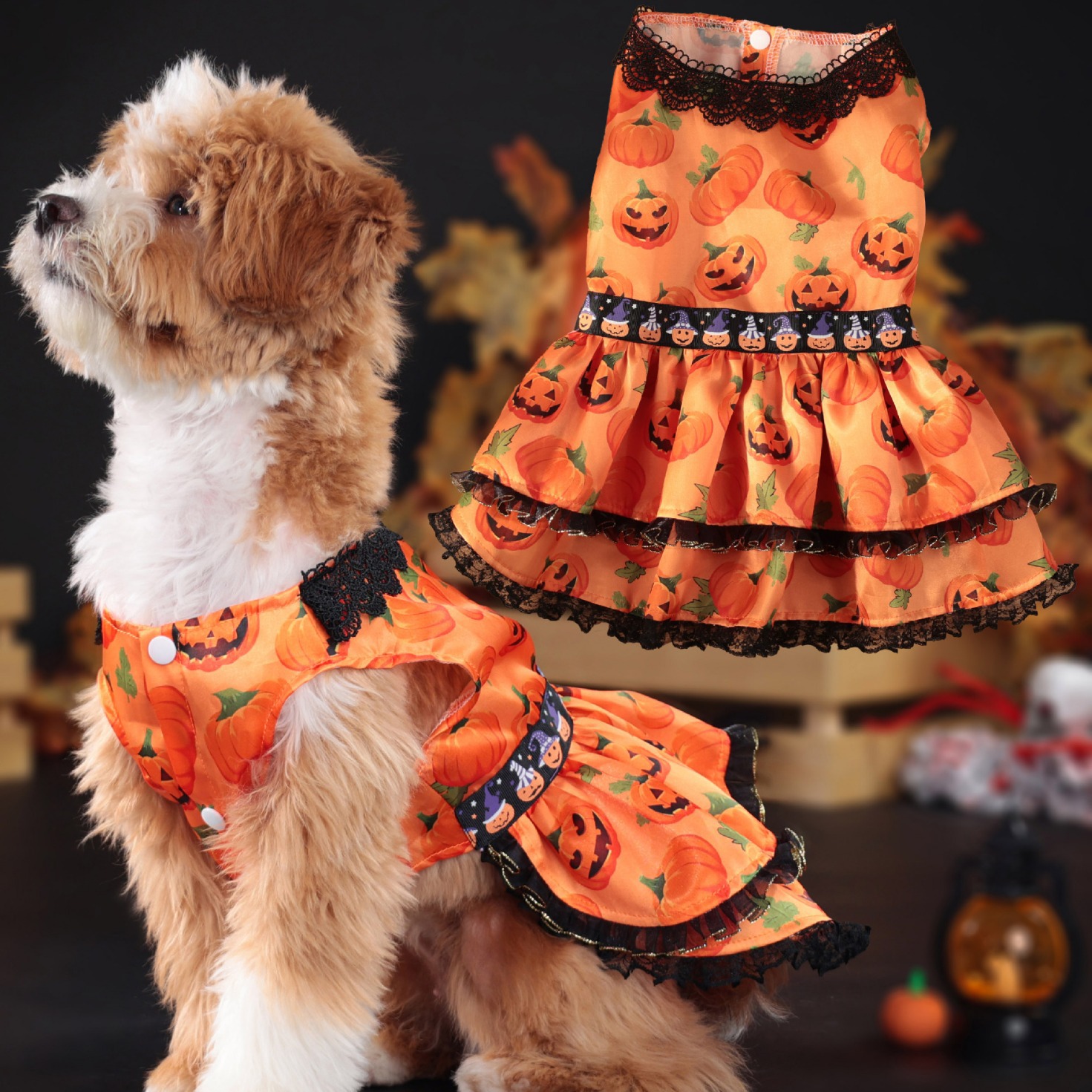 Halloween Pet Dog Dress for Medium and Small Dogs, Pumpkin Lace Skirt Factory — image 2