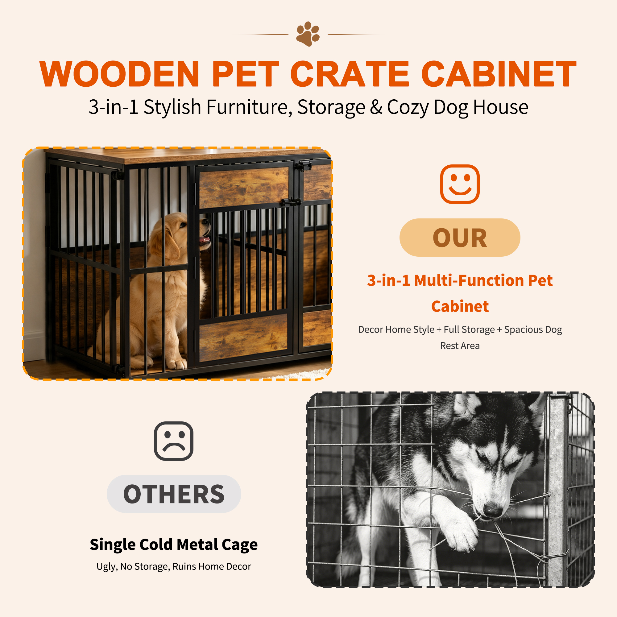 Wooden Dog Crate Furniture, Large Dog Kennel with Storage Top, Indoor Pet Cage — image 4