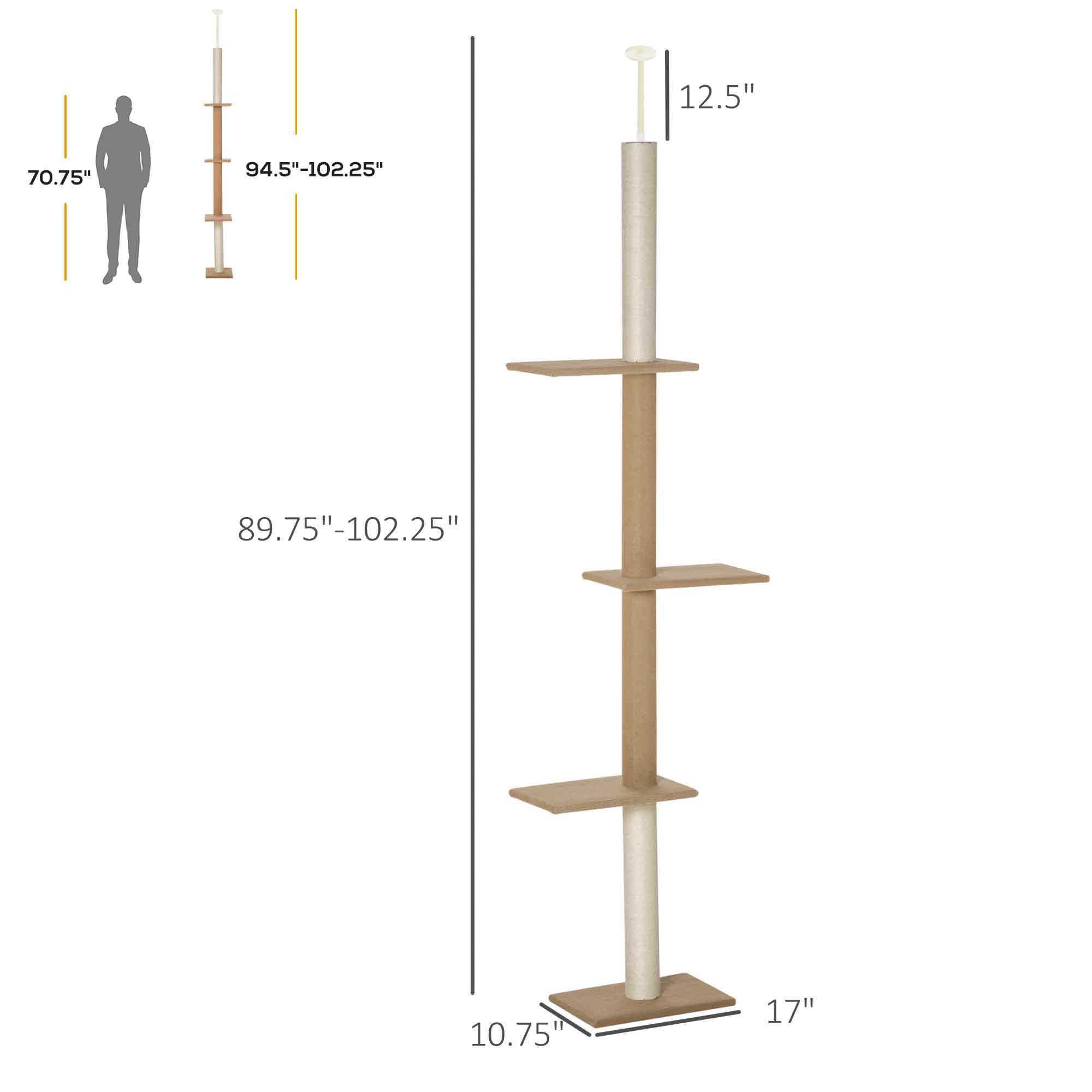 Árbol de Gatos desde el Suelo hasta el Techo con Postes de Rastrillado en Piel de Sisal Centro de Actividad para Gatos Naturales, Color Madera Claro — imagen 2