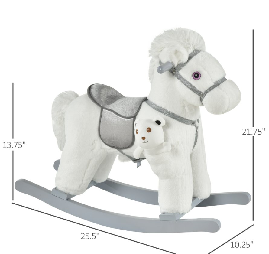 White Plush Rocking Horse With Bear Toy For Kids, Soft Sound Rocker, Ideal For Nursery Playtime — image 8