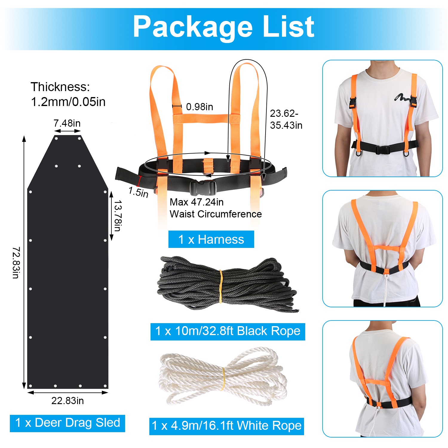 Deer Drag Sled With Dragging Harness Deer Cart Game Hauler Snow Sledding Pad Hunting Gear Supplies With 32.8FT Black Rope 16.1FT White Rope For Hunting Ice Fishing Hauling Fire Wood — imagen 2