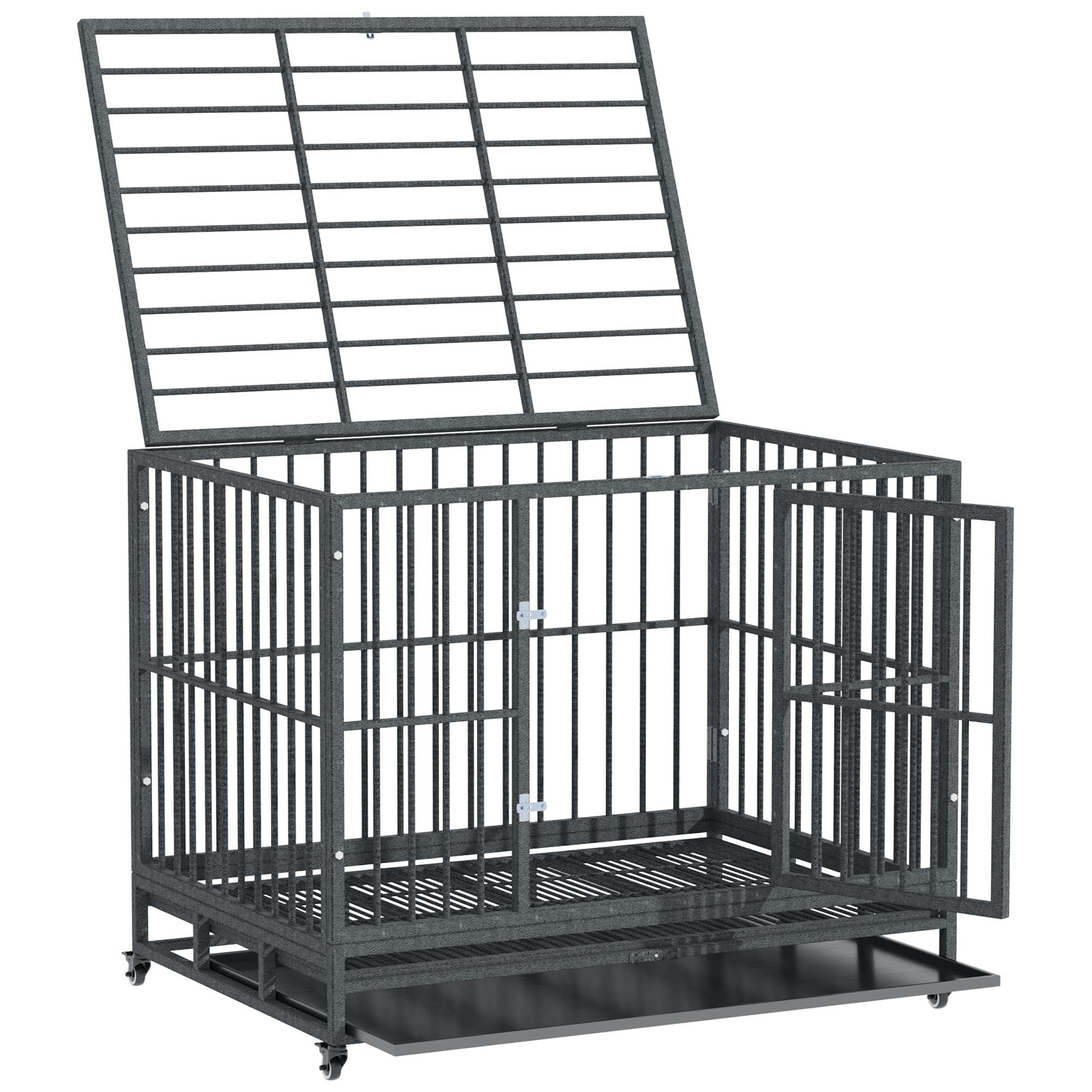 43" Heavy Duty Dog Crate Metal Cage Kennel with Lockable Wheels, Double Door and Removable Tray, Gray — imagen 2