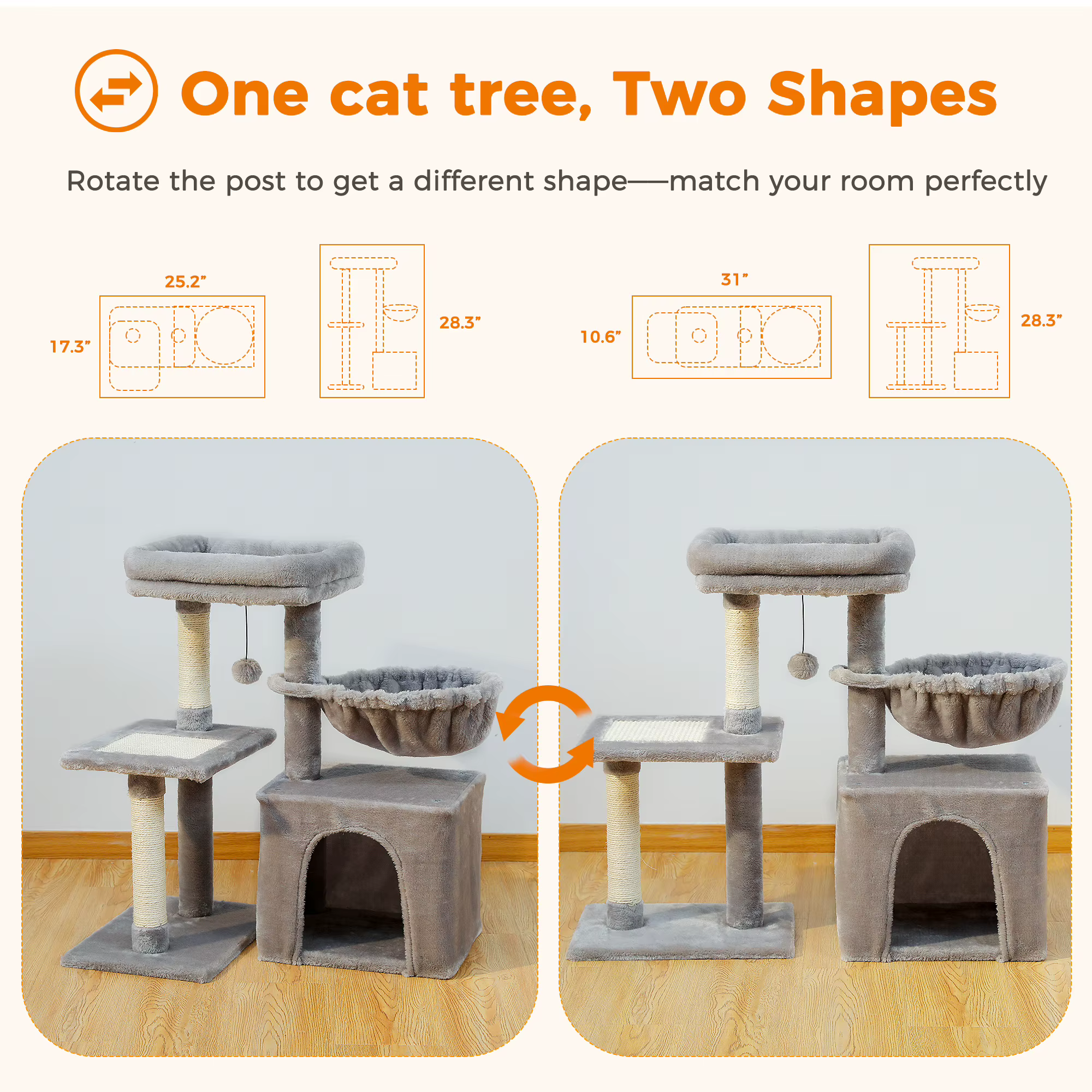 Cat Tree Cat Tower for Indoor Cats 2 Styles Cat Activity Tree with Cat Scratching Posts Big Hammock and Removable Top Perch Grey — image 3