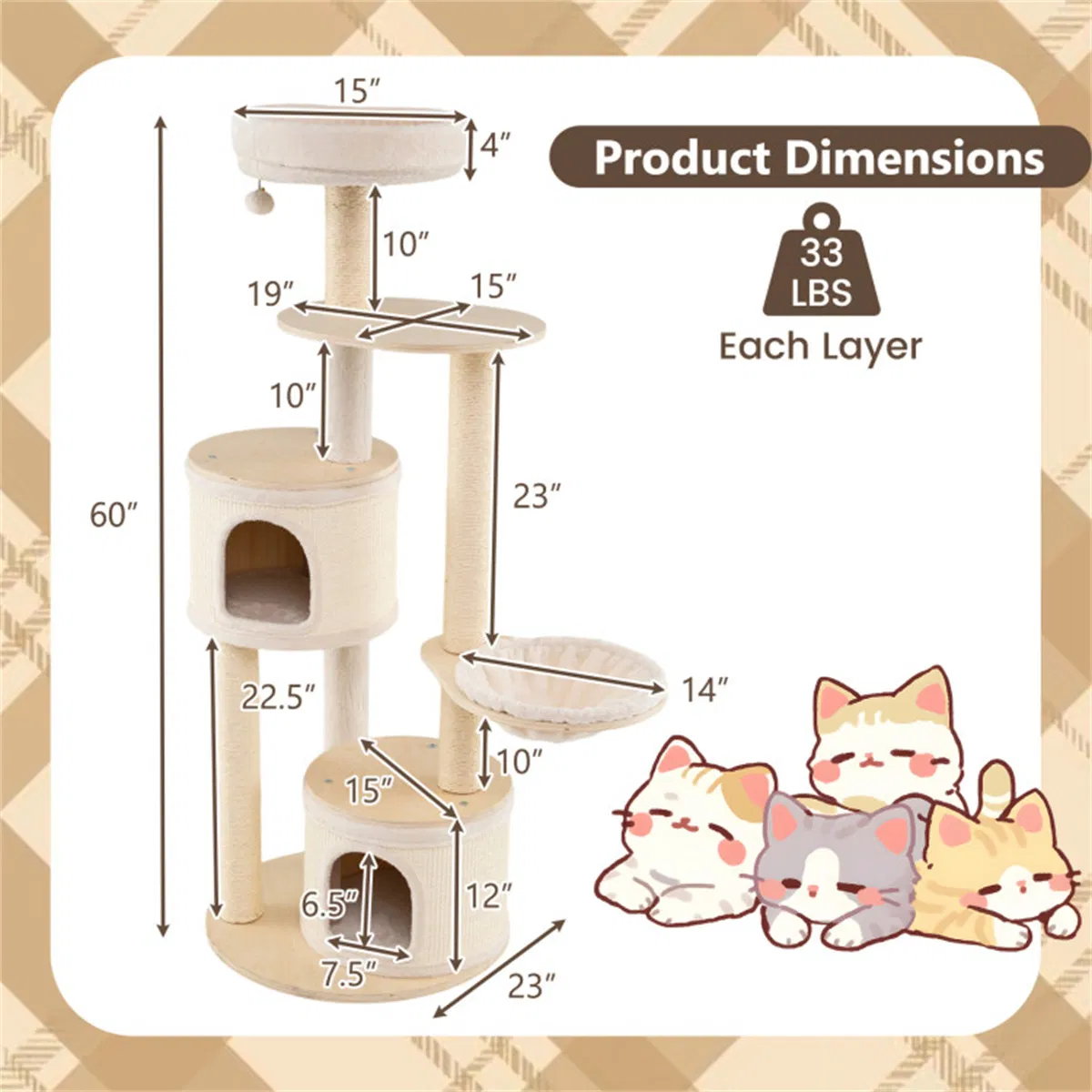 Tall Wooden Cat Tree Multi-Level Cat Tower with Sisal Scratching Posts & Condos for Indoor Cats, Natural — image 4
