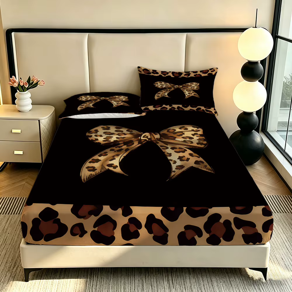 Juego de Sábanas sin Relleno de Verano con Estampado de Leopardo y Moños 3 Piezas, Varios Tamaños, Ropa de Cama Cómoda, Decoración, Lavable a Máquina — imagen 3