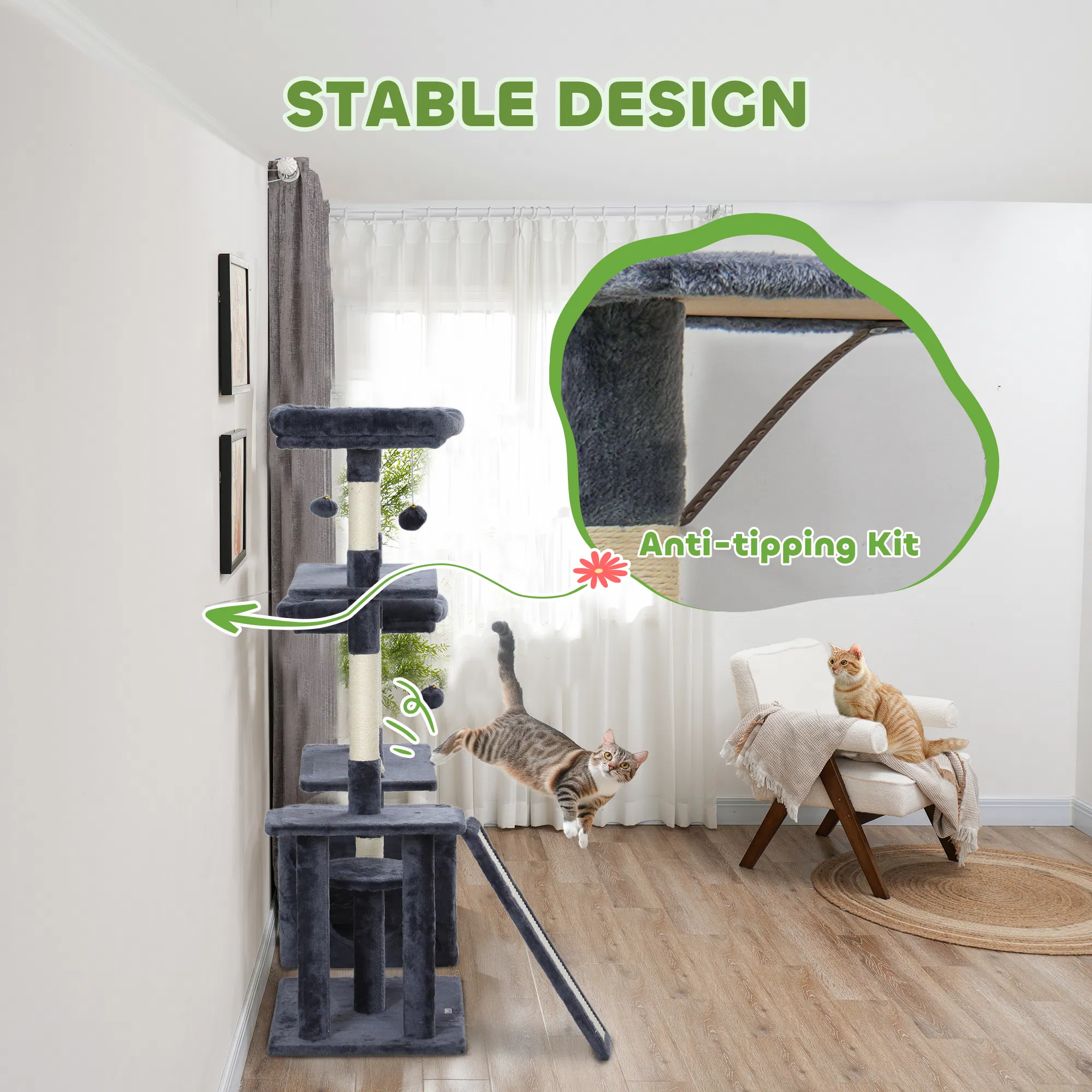 53" Cat Tree, Cat Tower with Scratching Posts, Cat Condo, Beds, Platforms, Toy Balls for Indoor Cats, Dark Grey — image 5