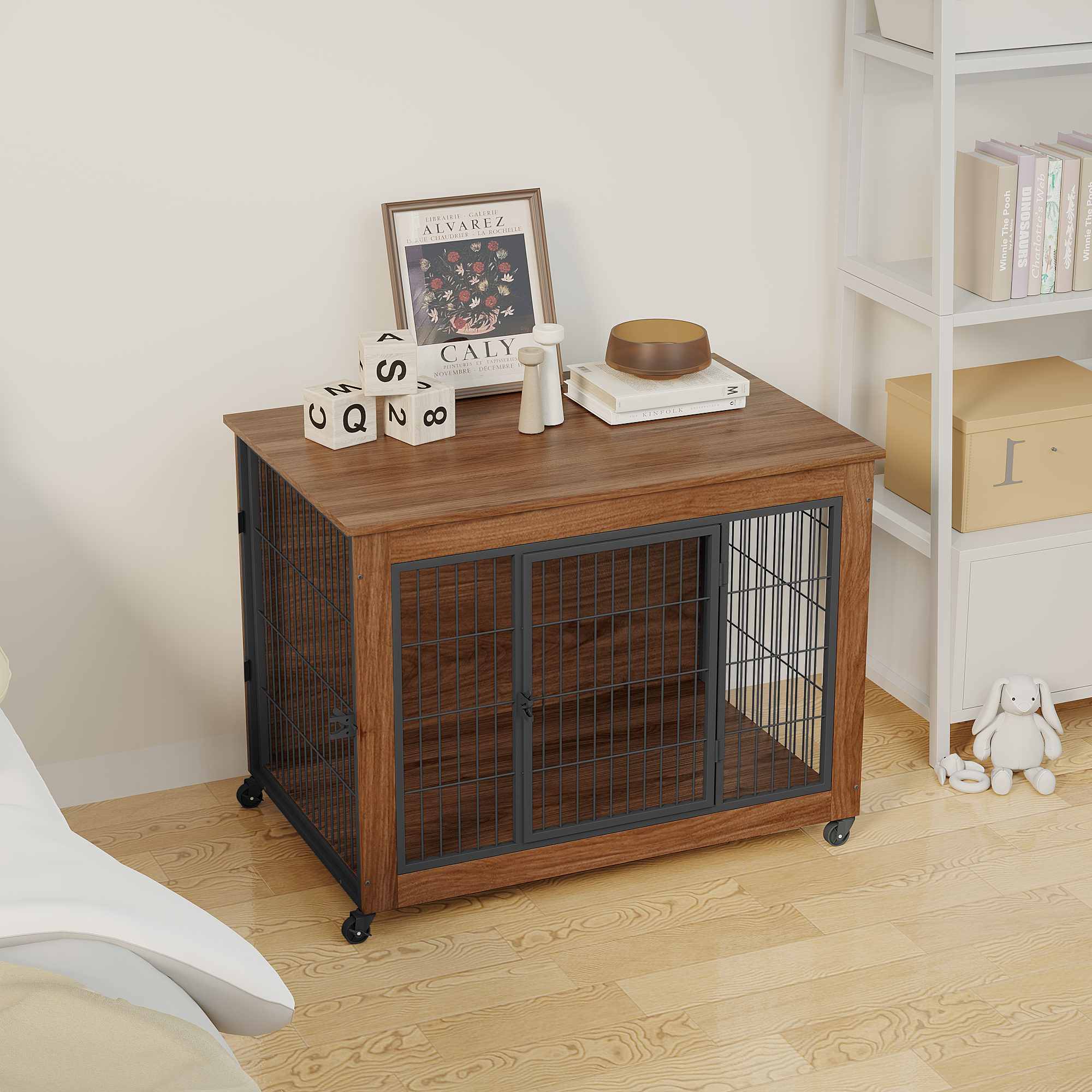38.6 Dog Crate Furniture With Wheels For Small Dogs, Heavy Duty Dog Kennel Indoor With 2 Doors, Wooden Pet Cage End Table, Double-Doors Sturdy Metal Dog Cage For Anxiety Dog — imagen 3