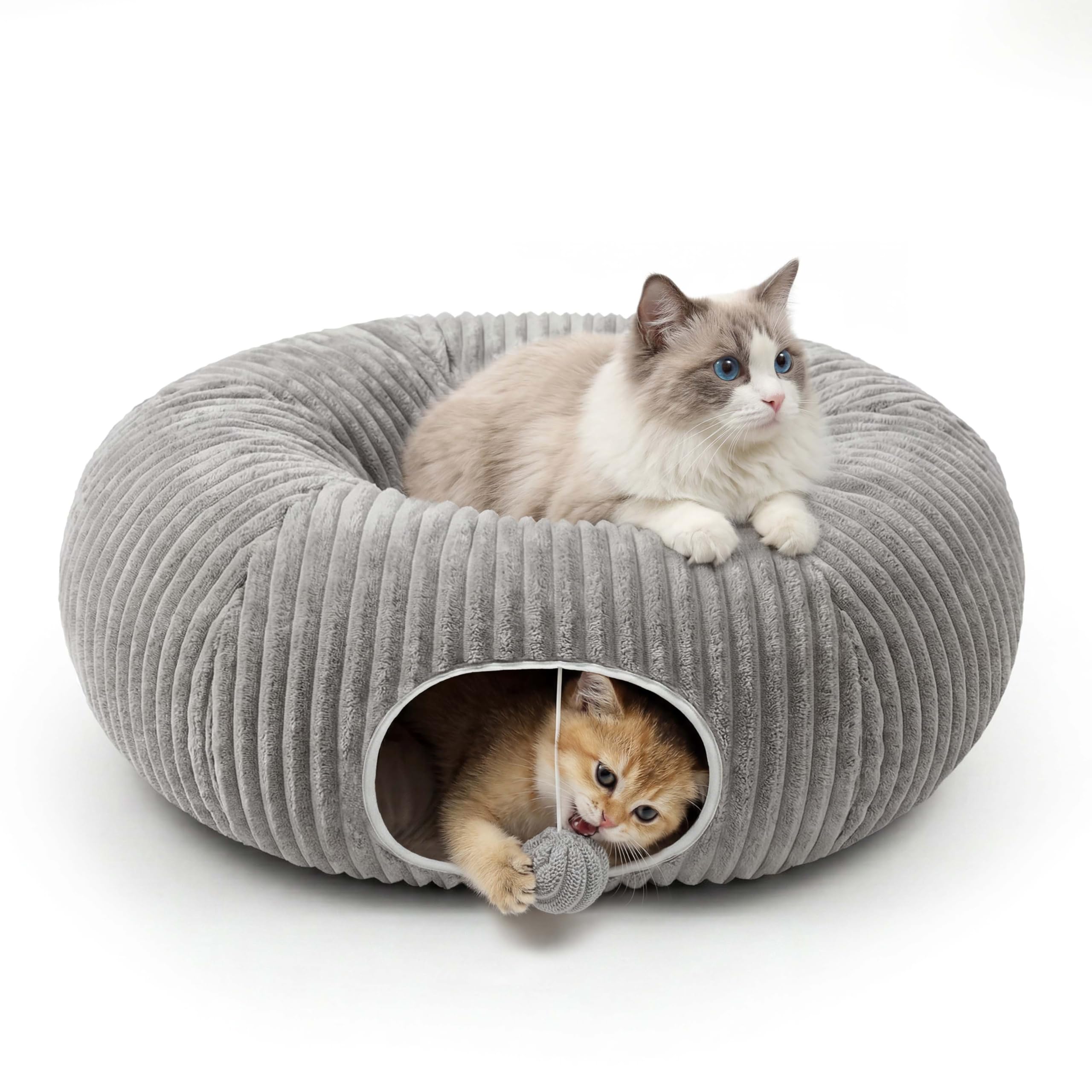 Cat Tunnel Bed With Interactive Cat Toys, Cat Tube With Kitten Toys For Indoor Kittens, Collapsible Play Tunnel, White — image 3