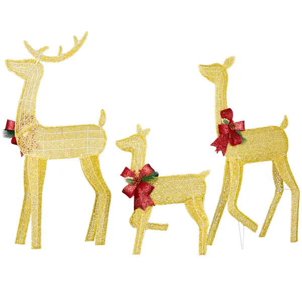 3-Piece Lighted Christmas Reindeer Family Set Outdoor Decorations, Weather Proof 2D Deer Family Set Of 3 Christmas Ornament Home Decor Pre-lit 200 LED Warm White Lights With Stakes, Golden — imagen 5