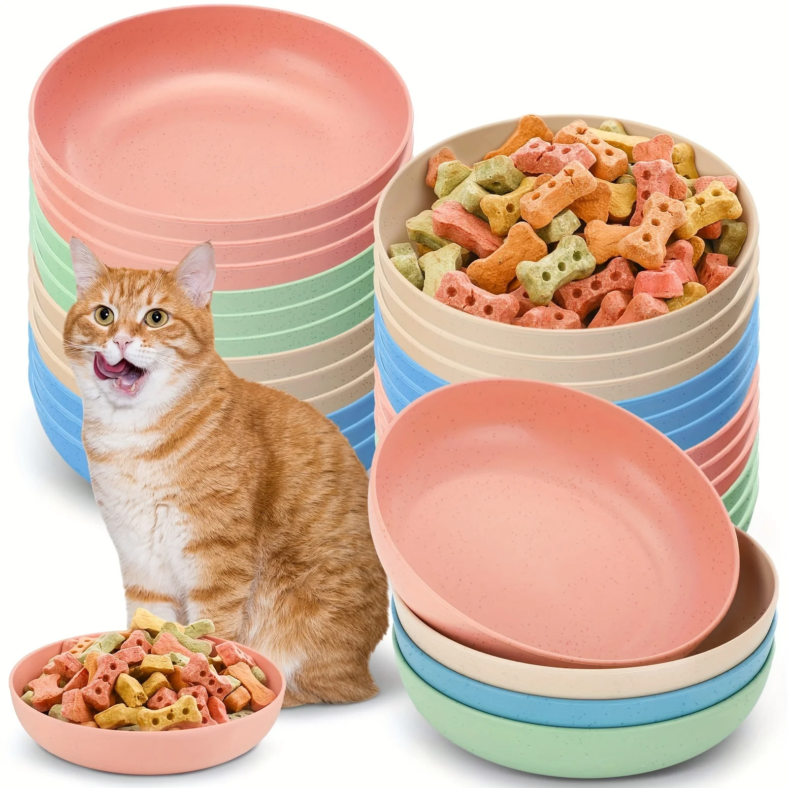 4 Platos para Gatos, 13.97 Cm de Ancho, Platos Poco Profundos para Comida y Agua, Plástico Antideslizante y Colorido para Gatos y Gatitos Pequeños