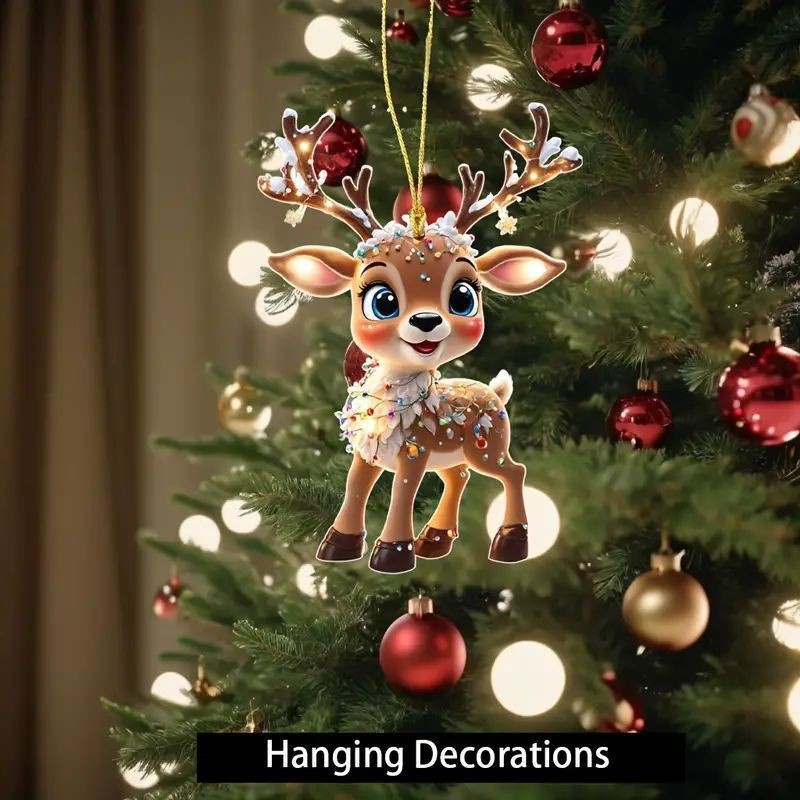 Christmas Reindeer Tree Decoration Acrylic Flat Car Rearview Mirror Hanging Ornament Home Decor Ready — image 5