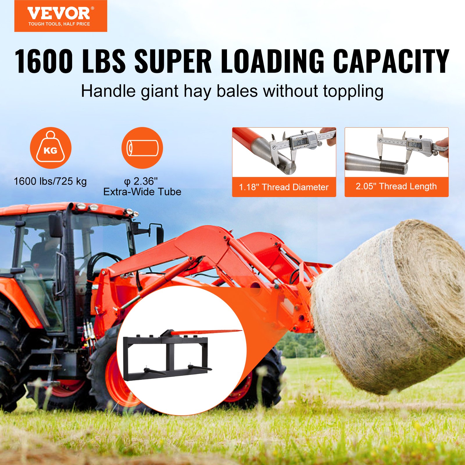 Hay Spear, Bale Spears 1600lbs Loading Capacity, Skid Steer Loader Tractor Attachment With 2pcs Stabilizer Spears, Quick Attach Spike Forks — image 1
