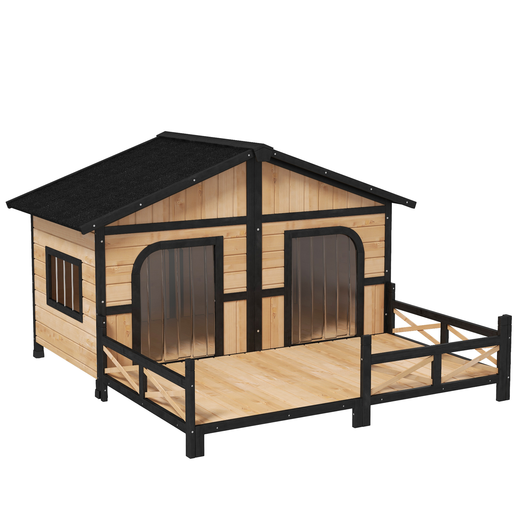 Casa para Perro Grande de Madera 59x64x39, Elevada y Resistente a la Intemperie, Estilo Cabaña Rústica, Refugio para Mascotas Elevado con Terraza, Natural — imagen 7