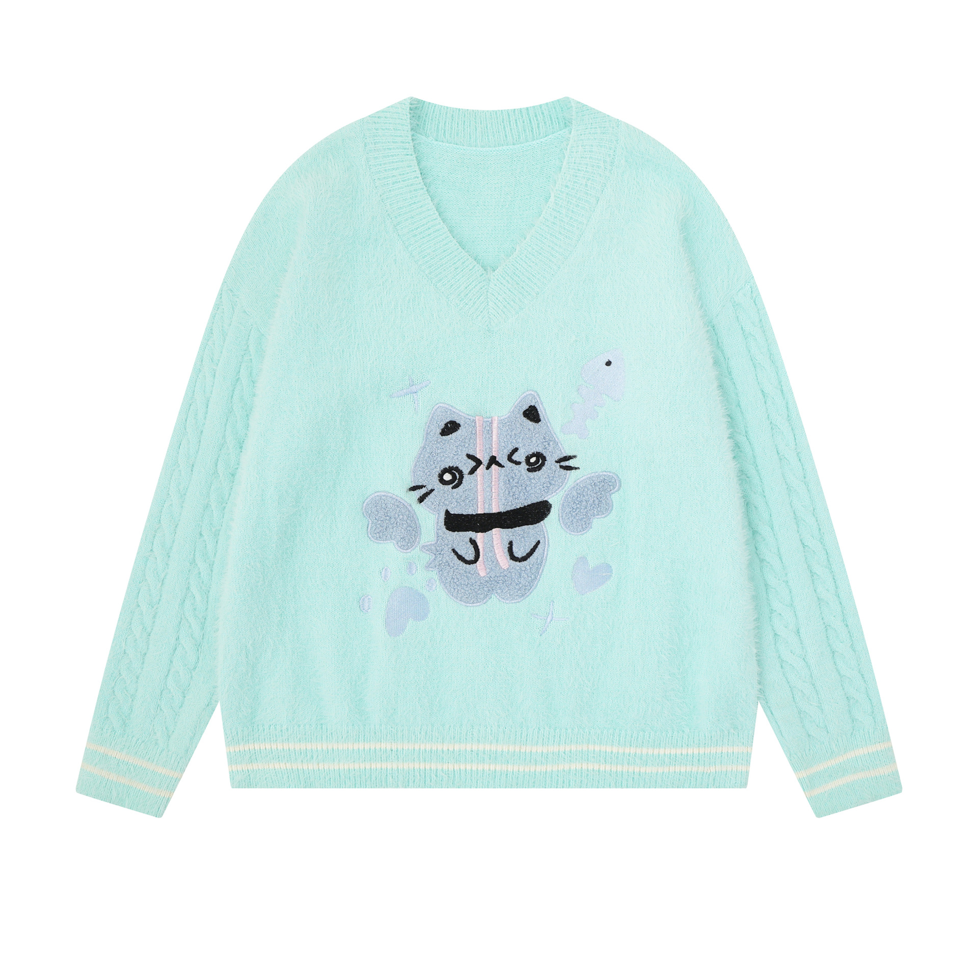 Loose Faux Mink Knit Cartoon Cat Patch Applique Long Sleeve V-Neck Women's Pullover Sweater — image 4