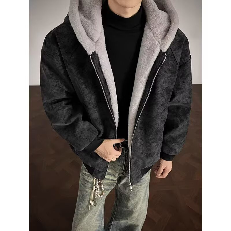Leather Rabbit Fur Plush Fleece Lined Jacket Unisex Winter Thickened Warm Outerwear — image 7