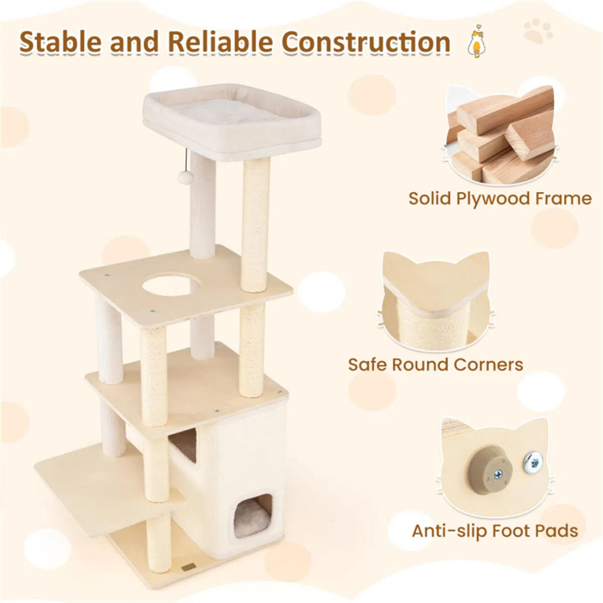 63" Wooden Cat Tree - 2-Story Condo with Bamboo Interior, 5 Sisal Scratching Posts, 44 lbs Per Layer Capacity — image 6
