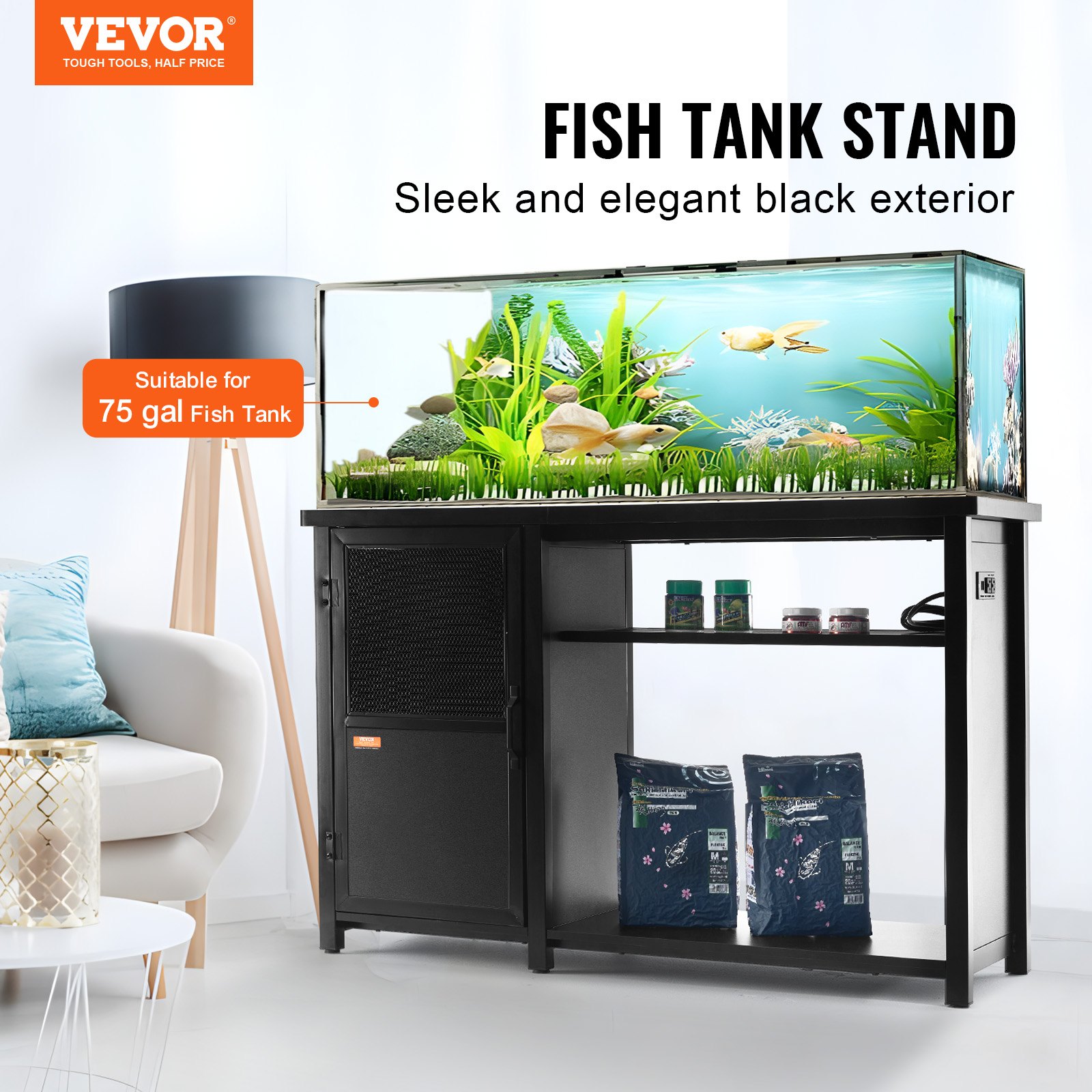 Aquarium Stand, 75 Gallon Fish Tank Stand, 52 X 19.7 X 32.3 In Steel And MDF Turtle Tank Stand, 626 Lbs Load Capacity, Reptile Tank Stand With Storage Cabinet And Embedded Power Panel, Black — imagen 3