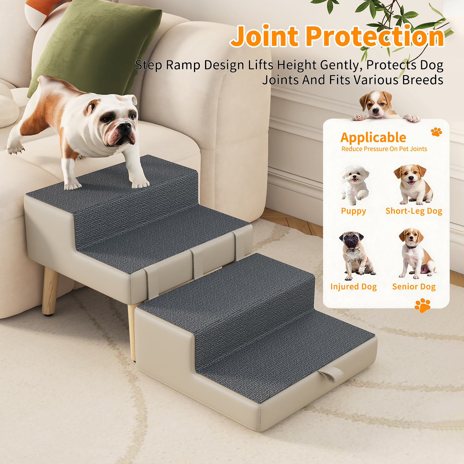4-Step Ottoman Dog Stairs, 2-in-1 Foldable Pet Ramp for Bed, Dog Ramp for Small Puppy and Cats, Sturdy Wood Frame Support with Non-slip walking surface, Holds Up To 220lbs ( Light Grey Color ) — image 3