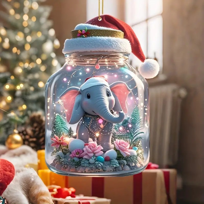 2D New Christmas Hat Cute Elephant Acrylic Flat Pendant Car Rearview Mirror Ornament Christmas Tree Decoration — image 7